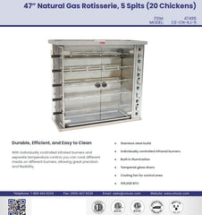 47495 - 47″ Countertop Natural Gas Rotisserie, 5 Spits, 20 Chicken Capacity, 105,000 BTU