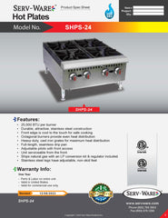 24" 4 Burner Gas Hot Plate, SHPS-24