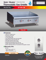 36" 3 Burner Thermostatic Gas Griddle, STGS-36