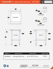 30” x 24” Standard Series Work Table, T3024CWP-3
