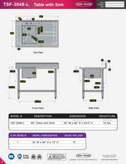48" Table with Sink - 16 Gauge 304 Stainless ( Left Sink ), TSF-3048-L