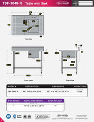 48" Table with Sink - 16 Gauge 304 Stainless ( Right Sink ), TSF-3048-R