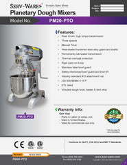 35.5" Planetary Dough Mixer, PM20-PTO