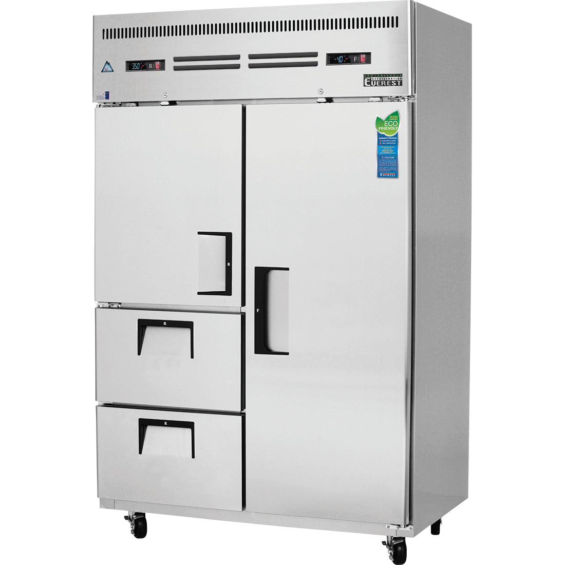 Everestref ESF2D2,  49 5/8" 2 Section - 1 Half Dr & 2 Drawer (LFT; Ref), 1 Full Dr (RT; Fzr) Dual Temp