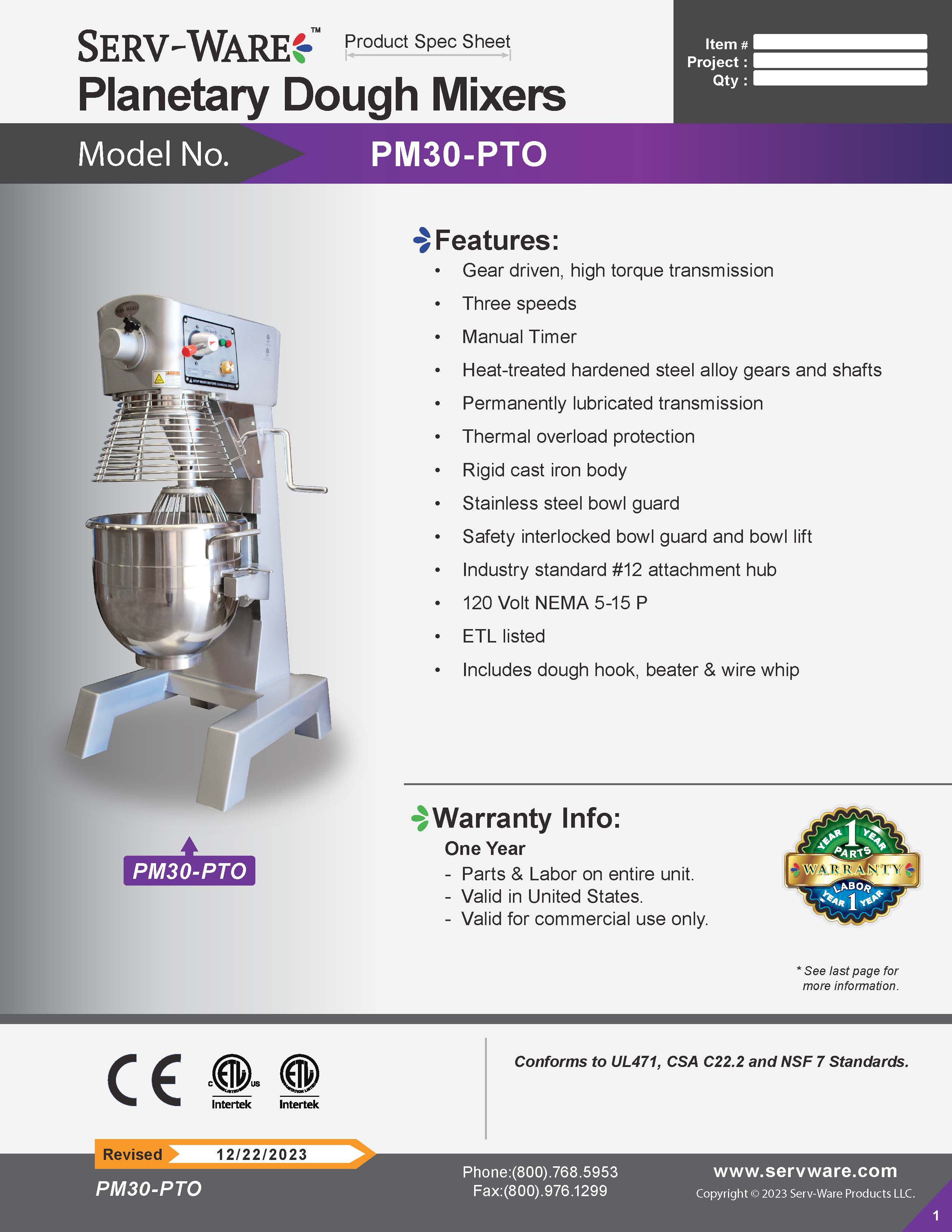 50" Planetary Dough Mixer, PM30-PTO