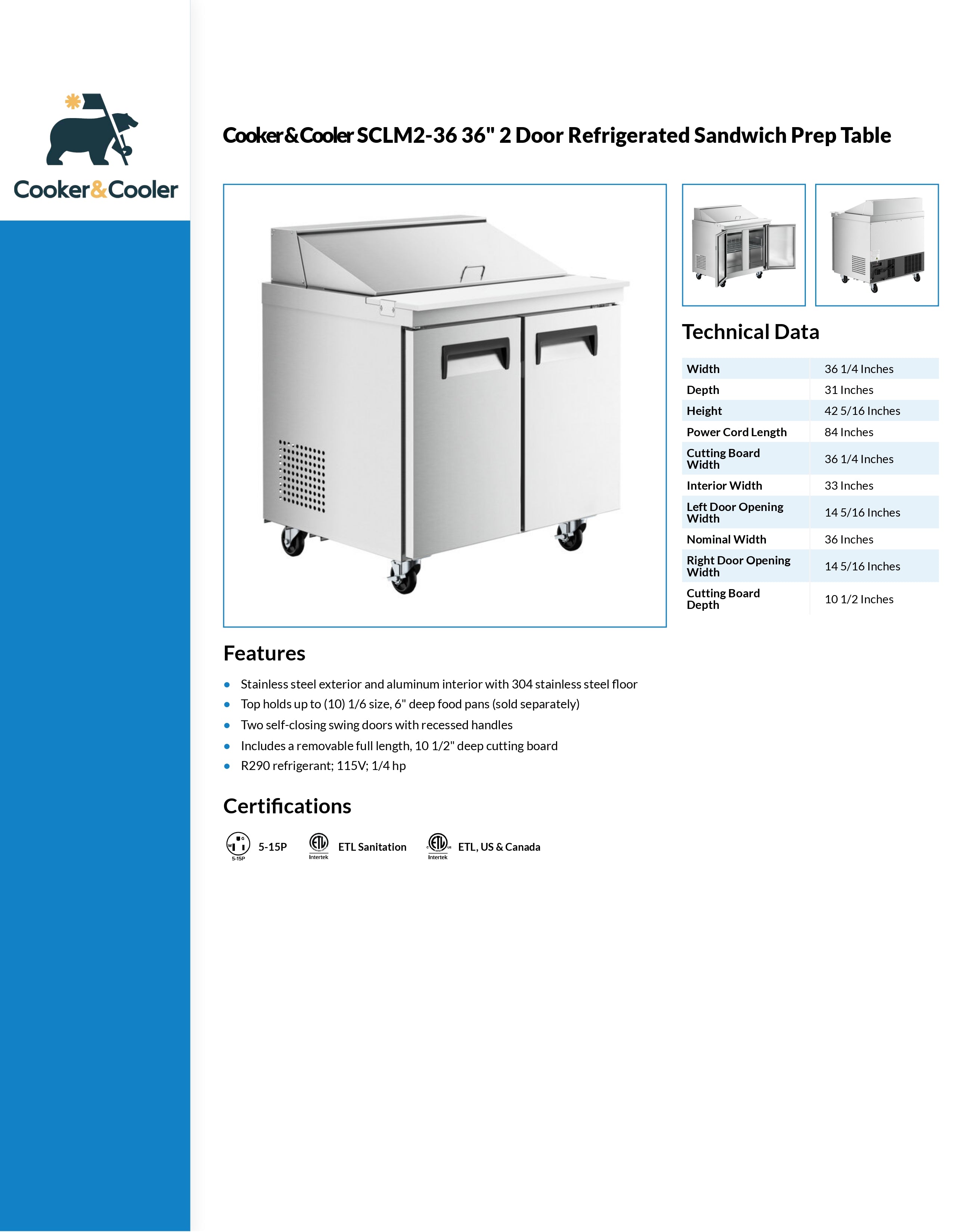 36" 2 Door Refrigerated Sandwich Prep Table, SCLM2-36