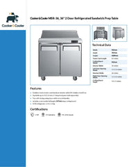 36" 2 Door Refrigerated Sandwich Prep Table, MSR-36