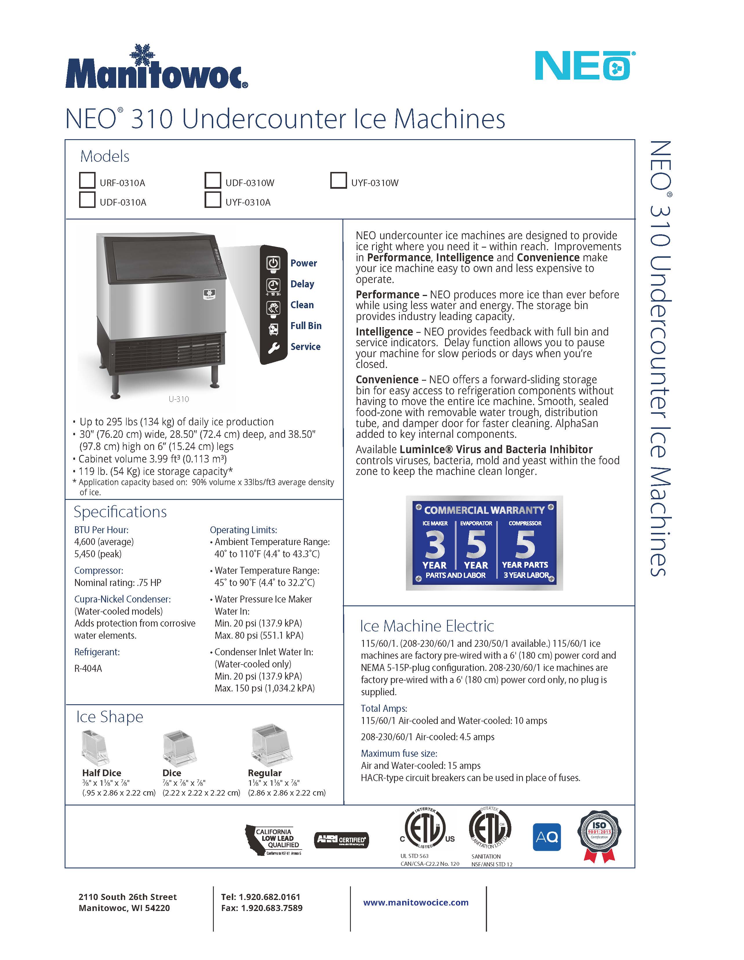 Manitowoc NEO® 310 Undercounter Ice Machines