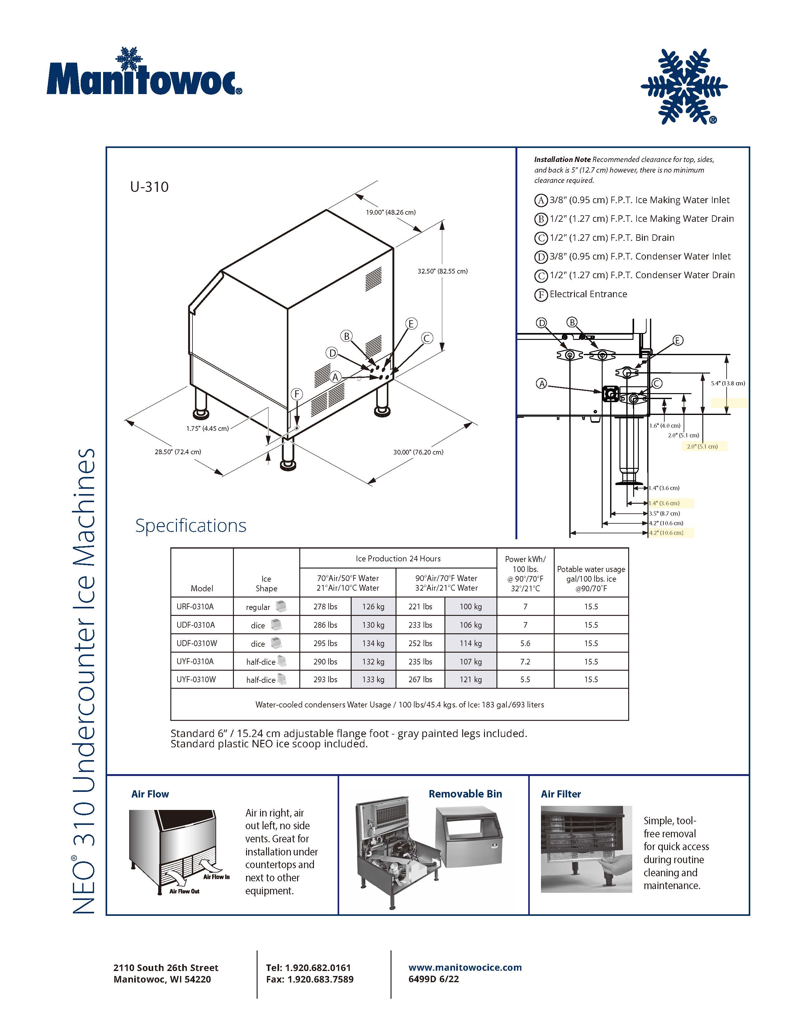 Manitowoc NEO® 310 Undercounter Ice Machines