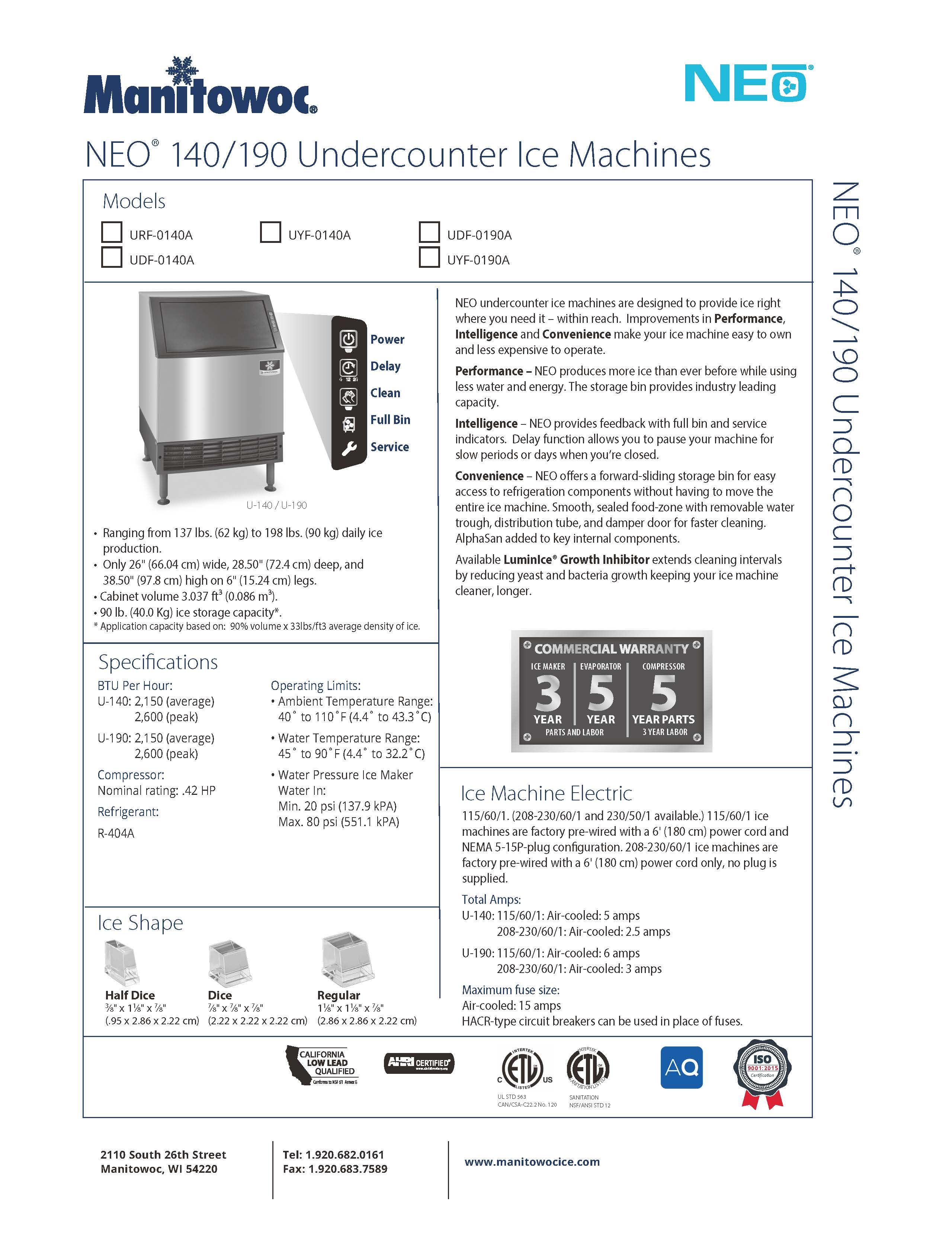 Manitowoc NEO® 140/190 Undercounter Ice Machines