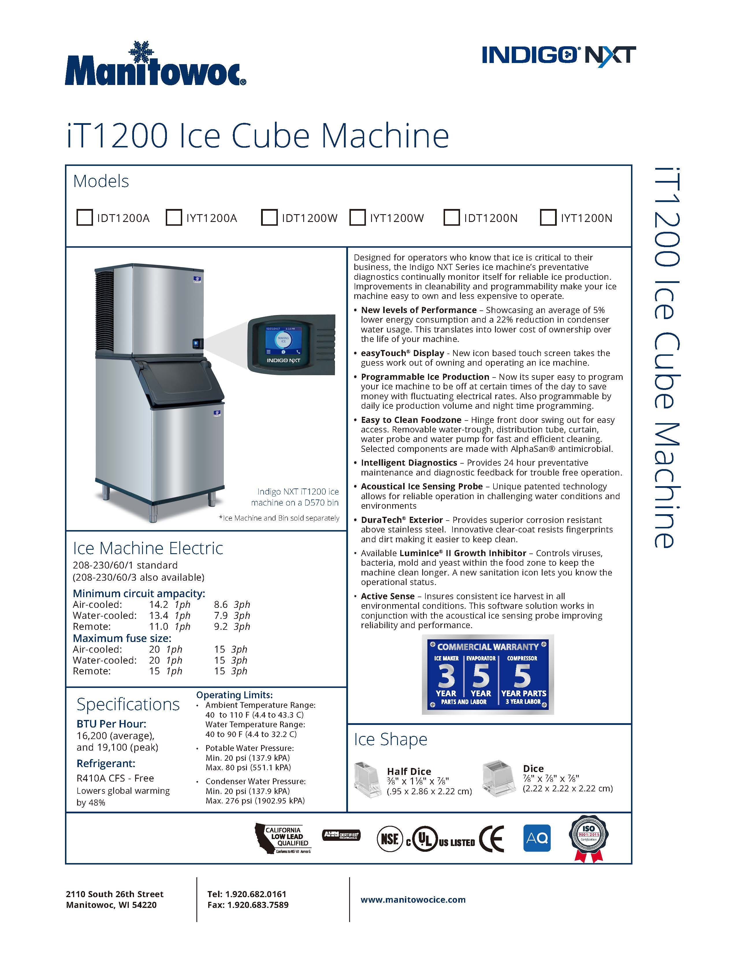 Manitowoc Indigo NXT Series iT1200 Ice Cube Machine