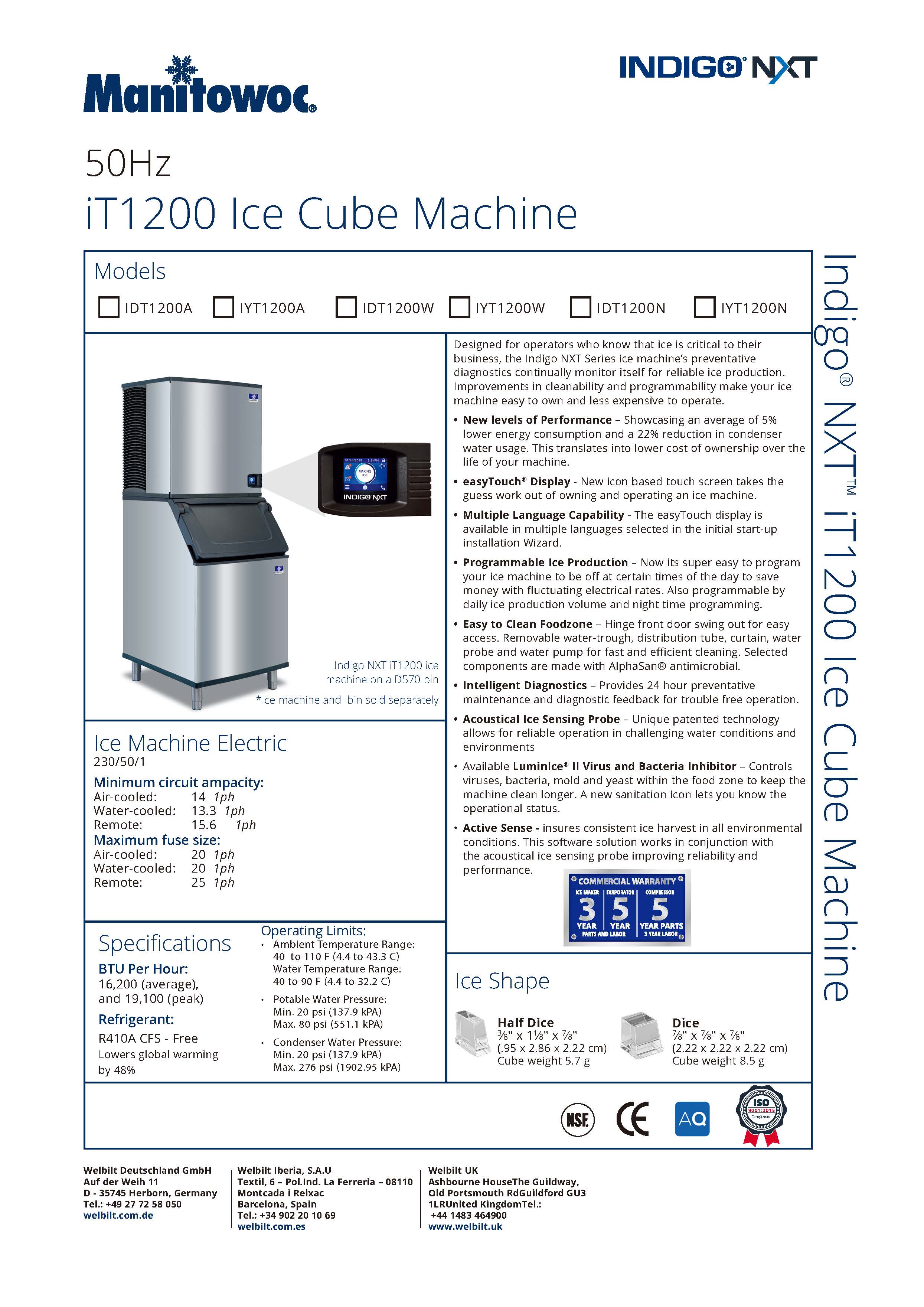 Manitowoc Indigo NXT Series iT1200 Ice Cube Machine