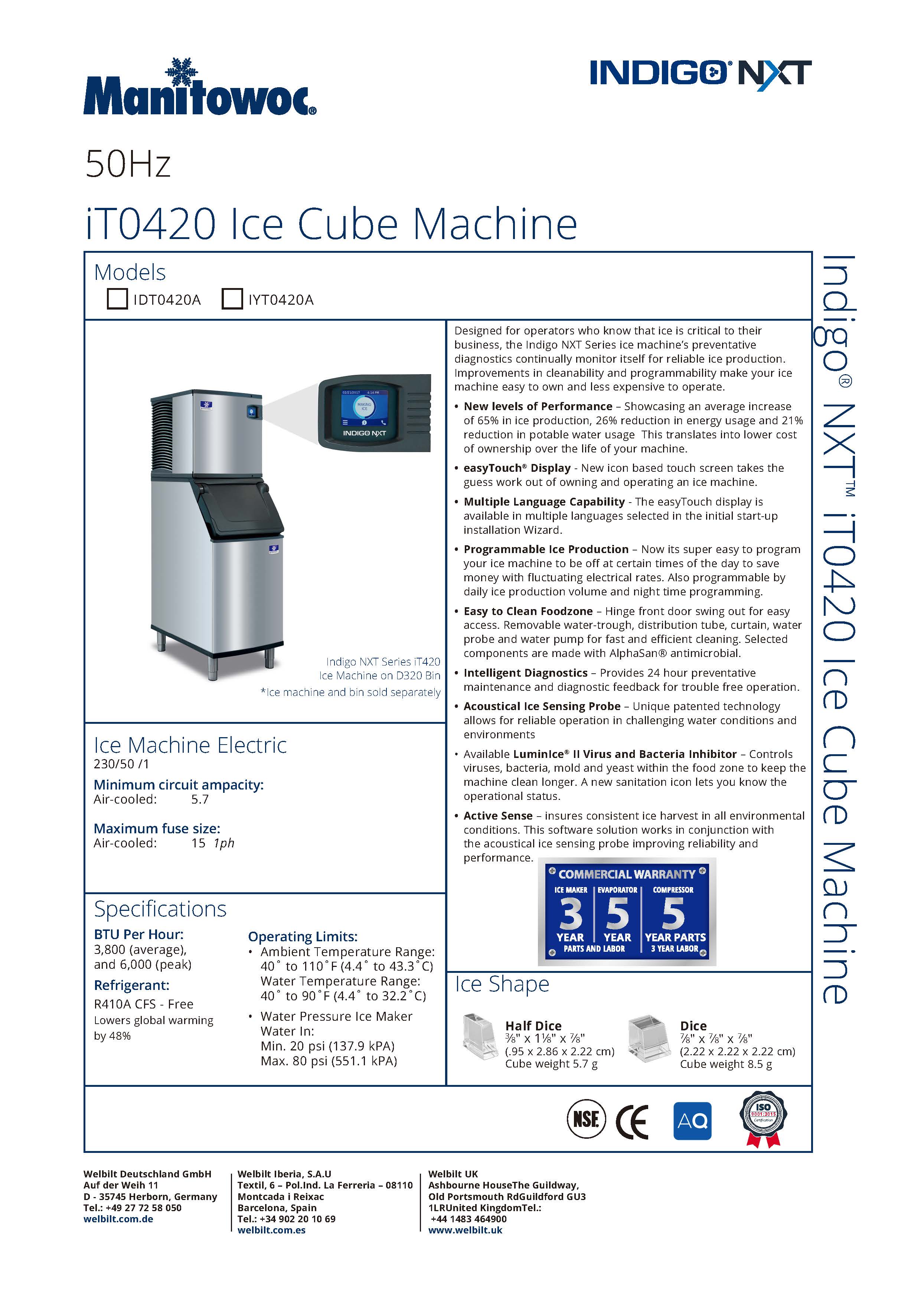 Manitowoc Indigo NXT Series iT0420 Ice Cube Machine