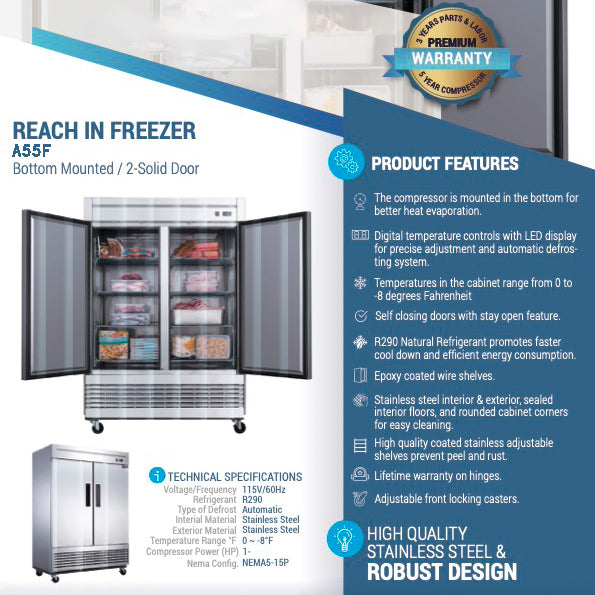 55" 2 Solid Door Reach-In Freezer, A55F