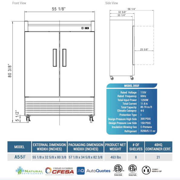 55" 2 Solid Door Reach-In Freezer, A55F