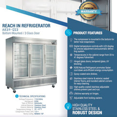 A83R-GS3 Reach-in Refrigerator, 83"*33"*80", 1-Year labor & Parts 5-Year compressor