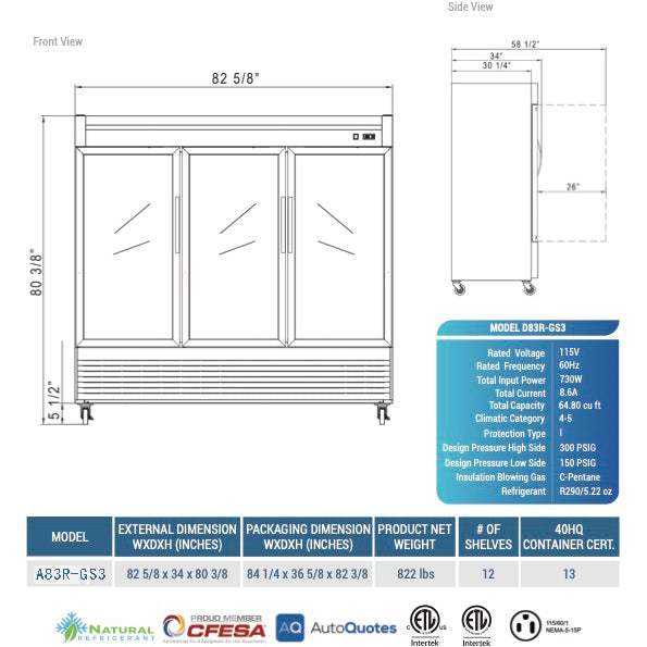 A83R-GS3 Reach-in Refrigerator, 83"*33"*80", 1-Year labor & Parts 5-Year compressor