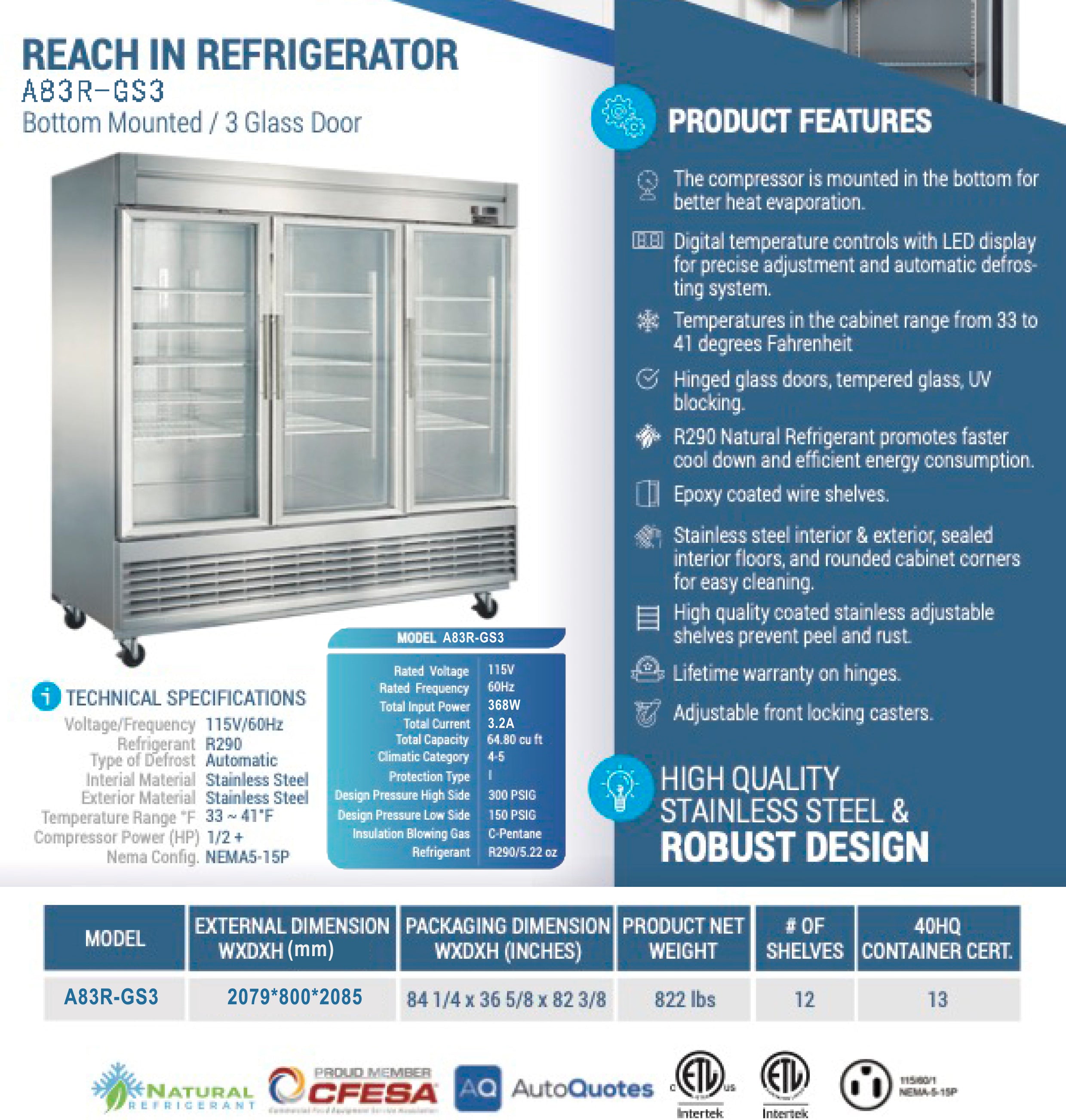 A83R-GS3 Reach-in Refrigerator, 83"*33"*80", 2-Year labor & Parts 5-Year compressor