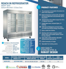 A83R-GS3 Reach-in Refrigerator, 83"*33"*80", 2-Year labor & Parts 5-Year compressor