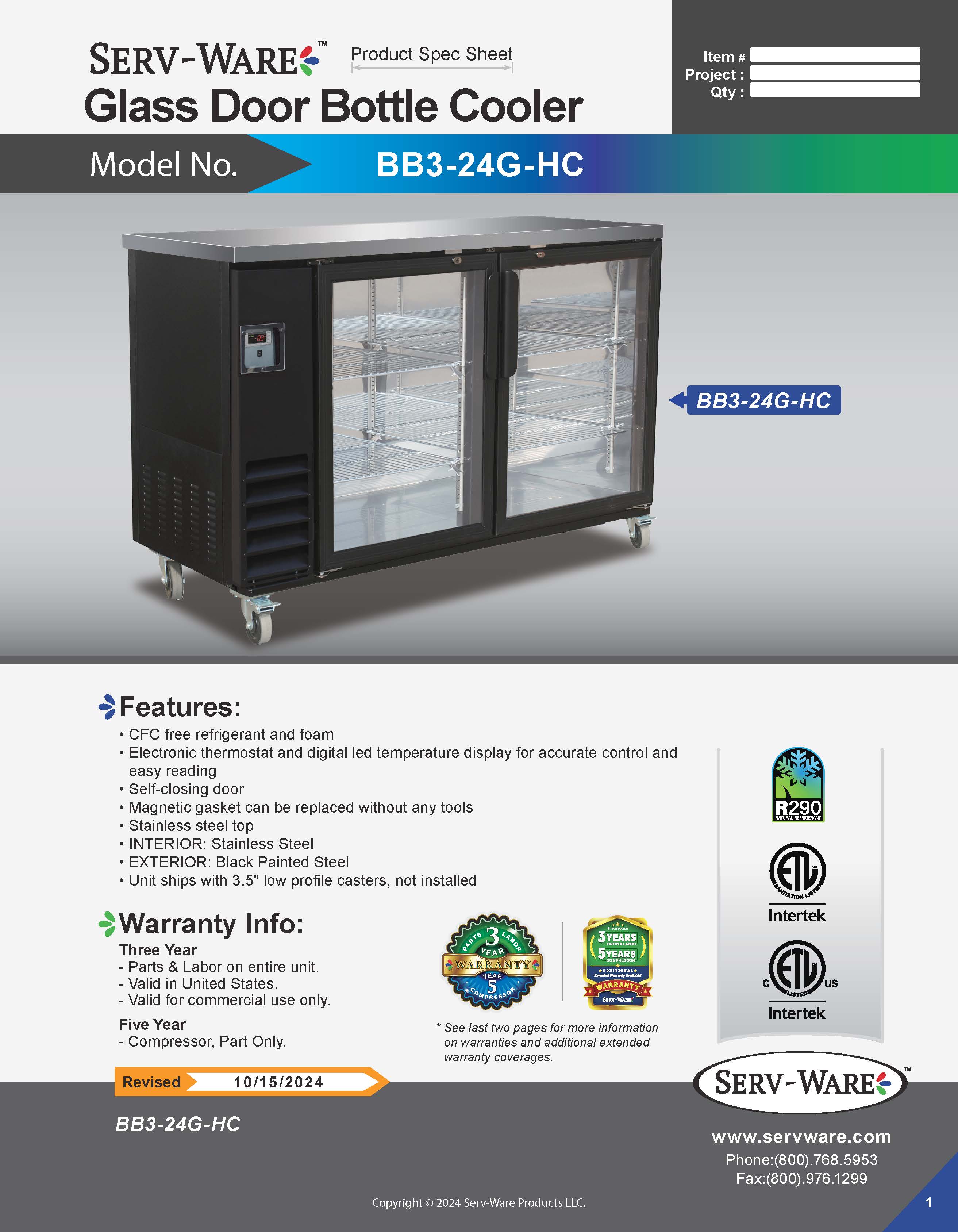 61" Back Bar Bottle Cooler with Glass, BB3-24G-HC