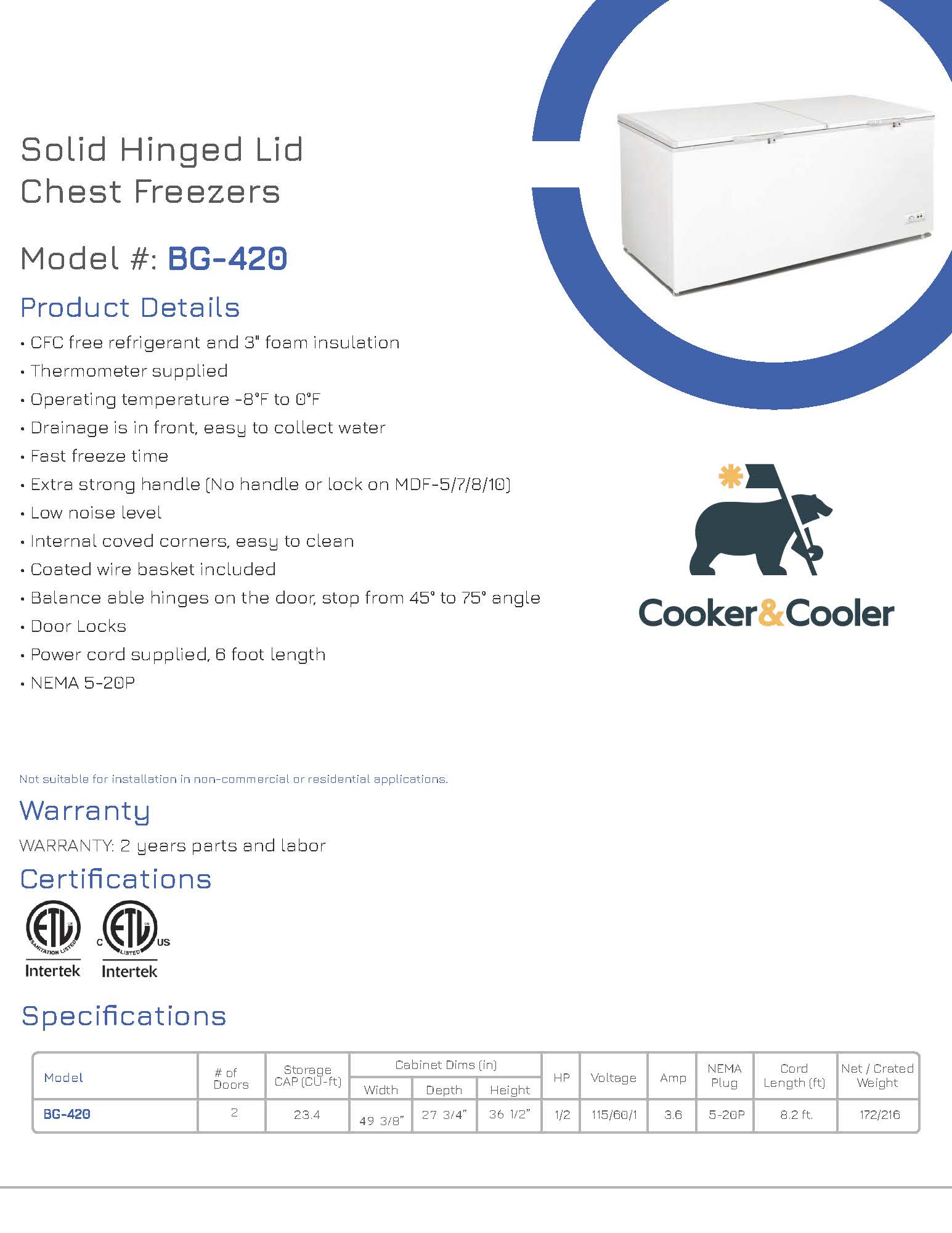 BG-420 Solid Open Lids Chest Freezer, 49"*27"*36", 3-Year labor 5-Year Parts 10-Year compressor