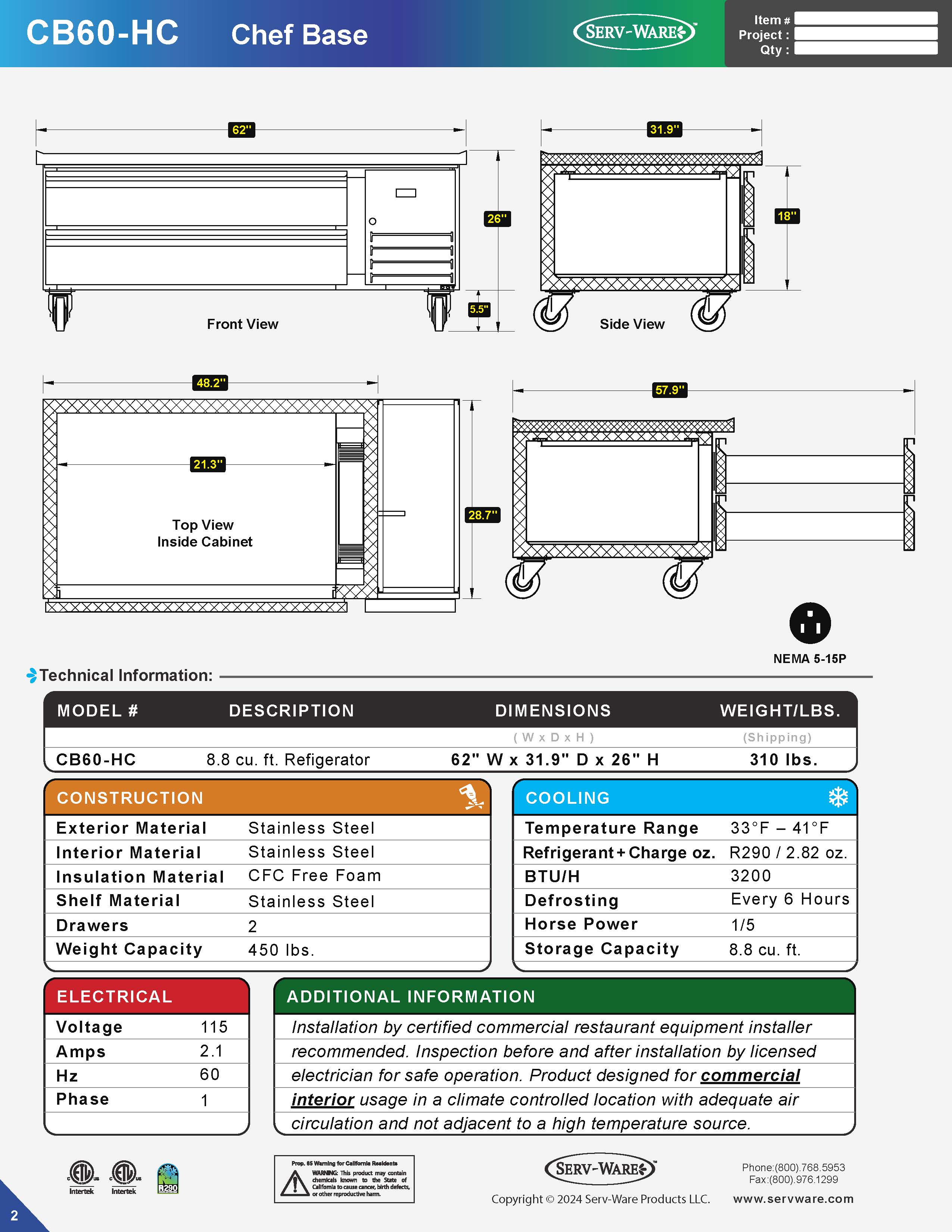 2 Drawer 60" Chef Base, CB60-HC