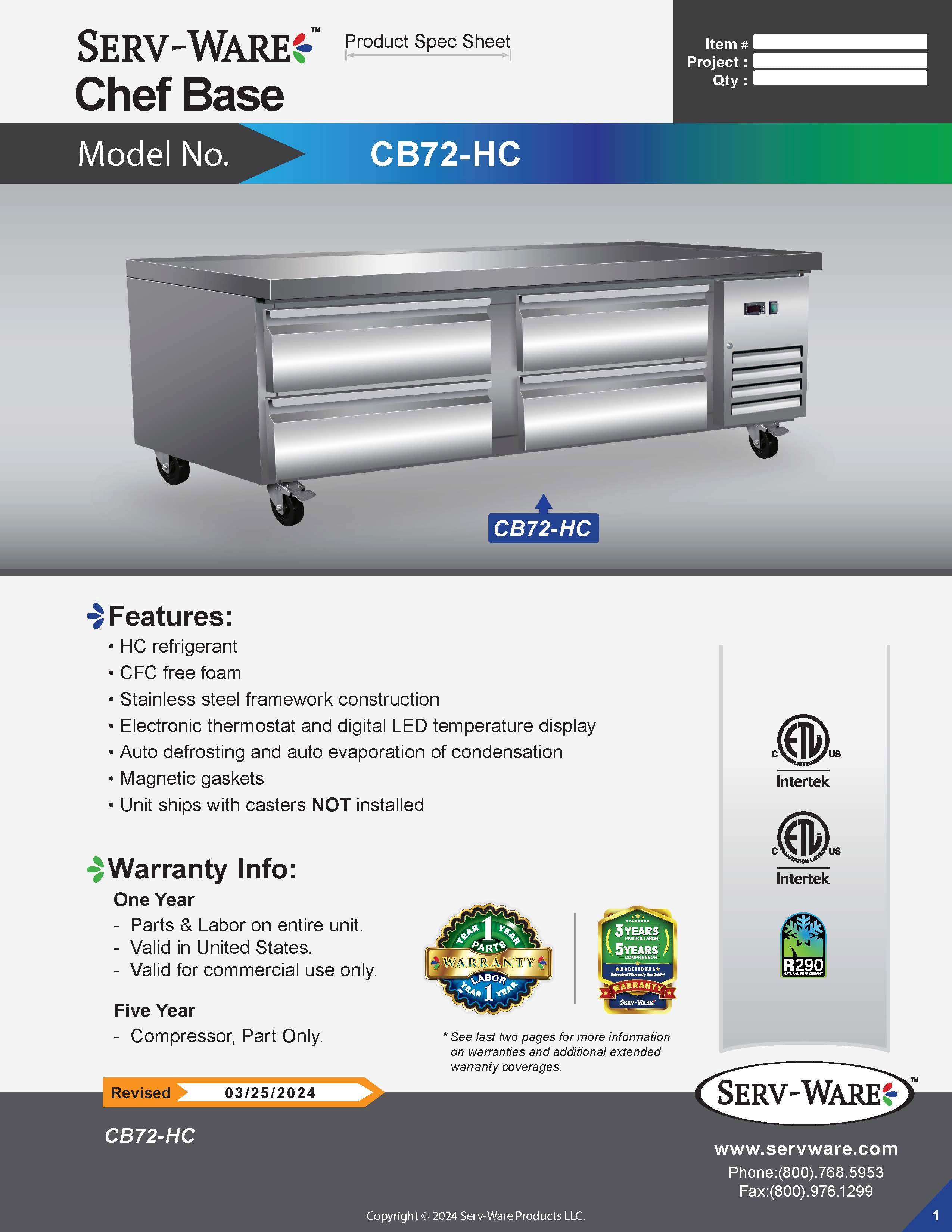 4 Drawer 72" Chef Base, CB72-HC