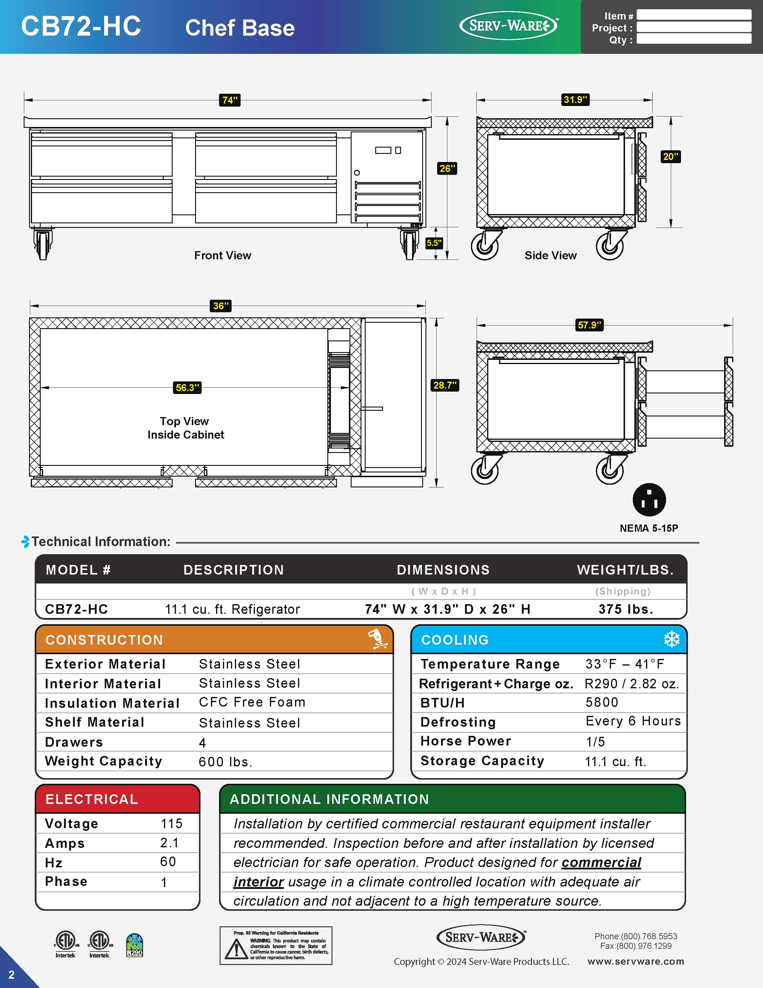 4 Drawer 72" Chef Base, CB72-HC