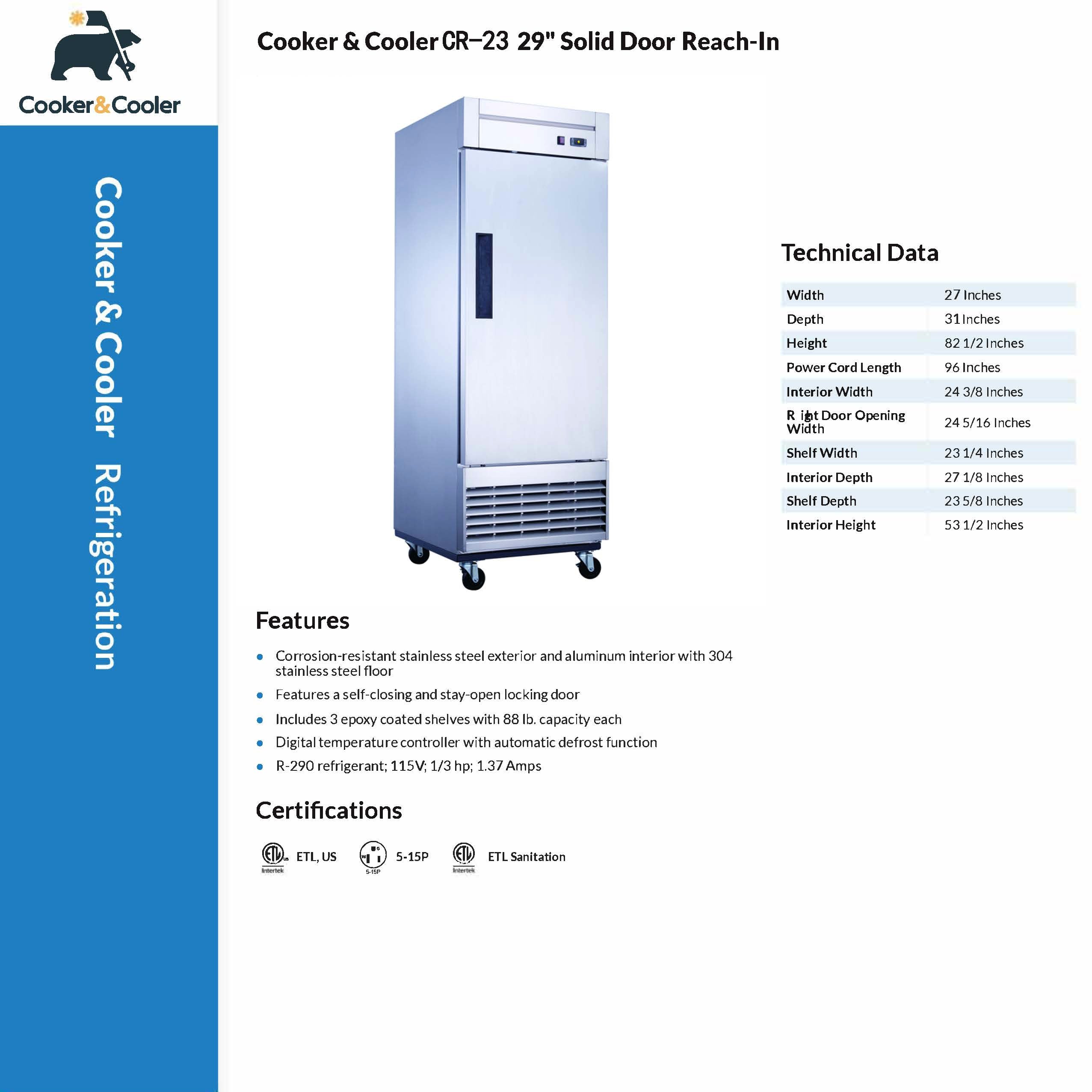 CR-23 1 Solid Door Reach-In Refrigerator, 27"*31"*82", 3-Year labor 5-Year Parts 10-Year compressor