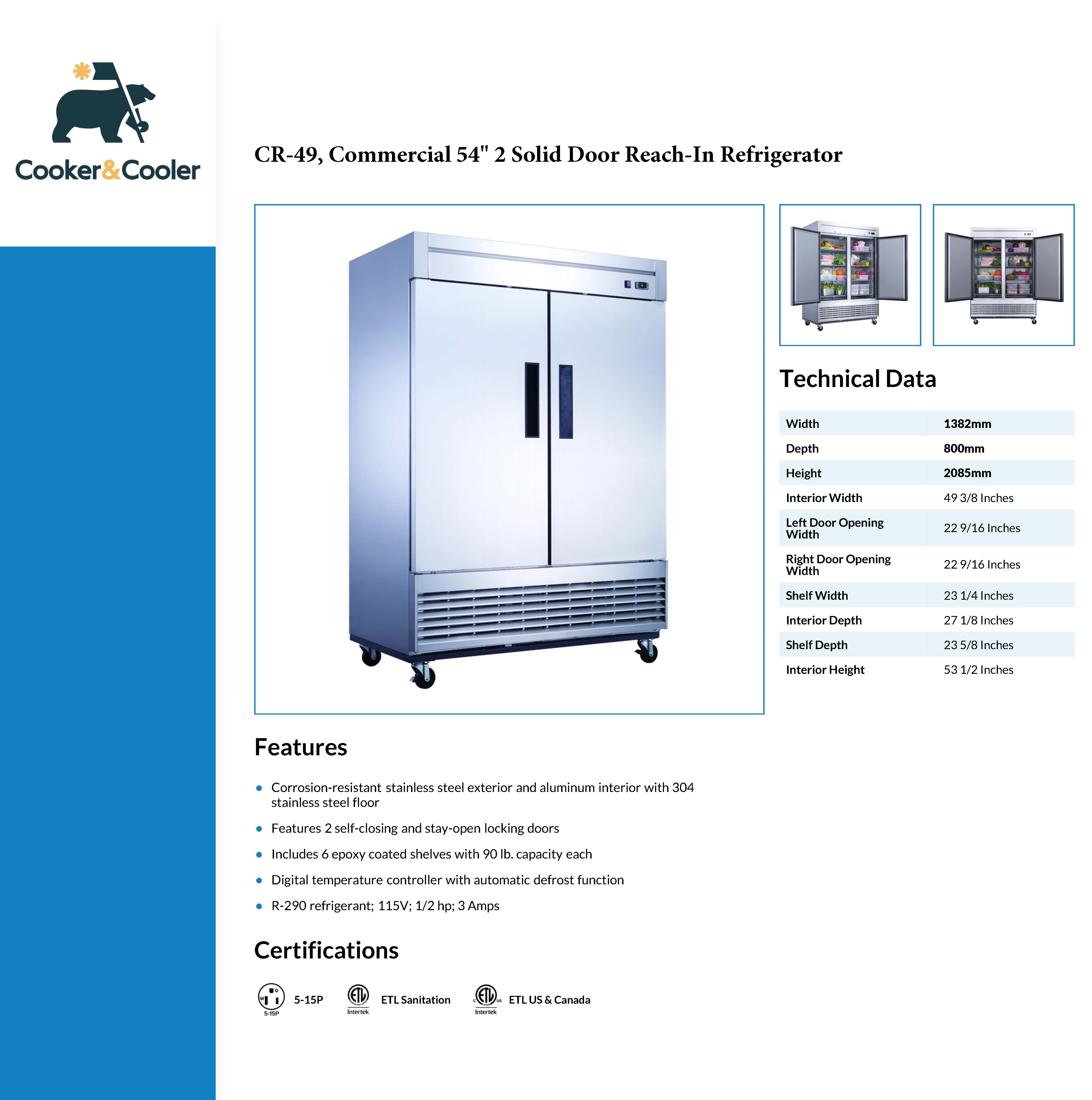 CR-49 Reach-In Refrigerator, 54"*32"*82", 3-Year labor 5-Year Parts 10-Year compressor