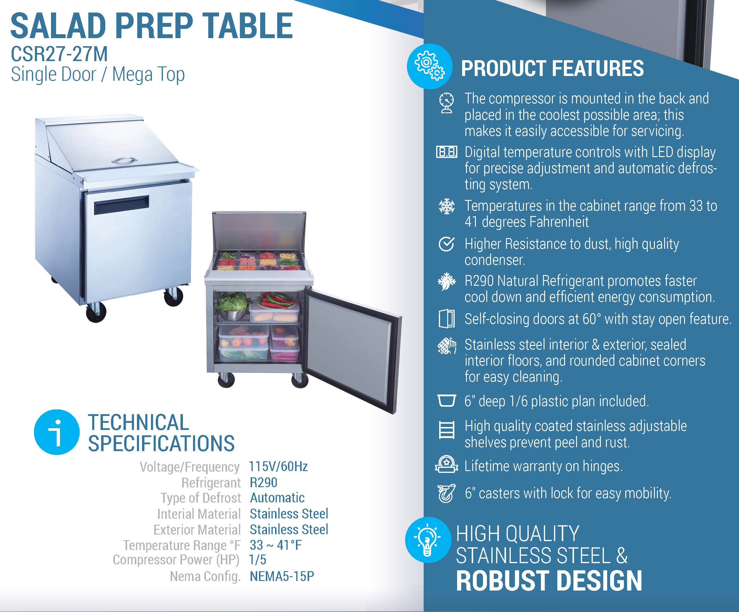 CSR-27M Prep Table Refrigerator Mega Top, 29"*32"*46", 3-Year labor 5-Year Parts 10-Year compressor