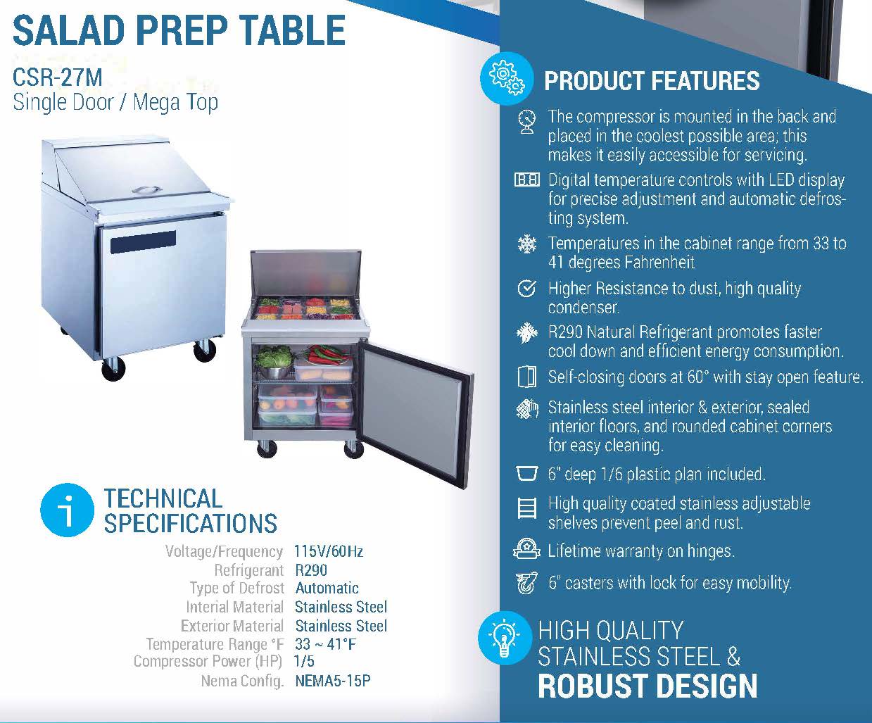 CSR-27M Prep Table Refrigerator Mega Top, 29"*32"*46", 3-Year labor 5-Year Parts 10-Year compressor