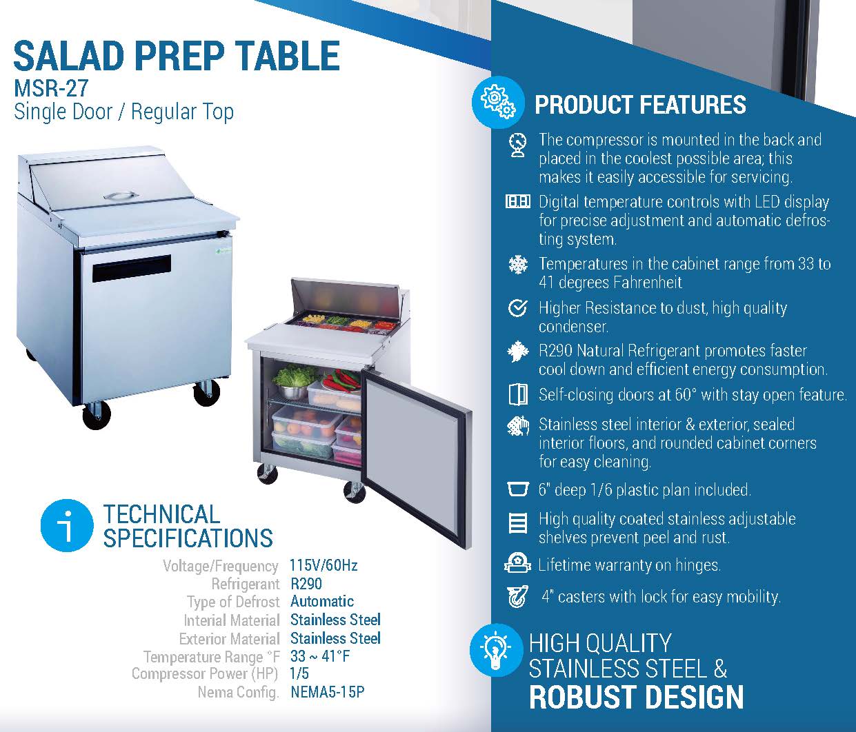 MSR-27 Refrigerated Sandwich Prep Table, 27"*31"*44", 3-Year labor 5-Year Parts 10-Year compressor