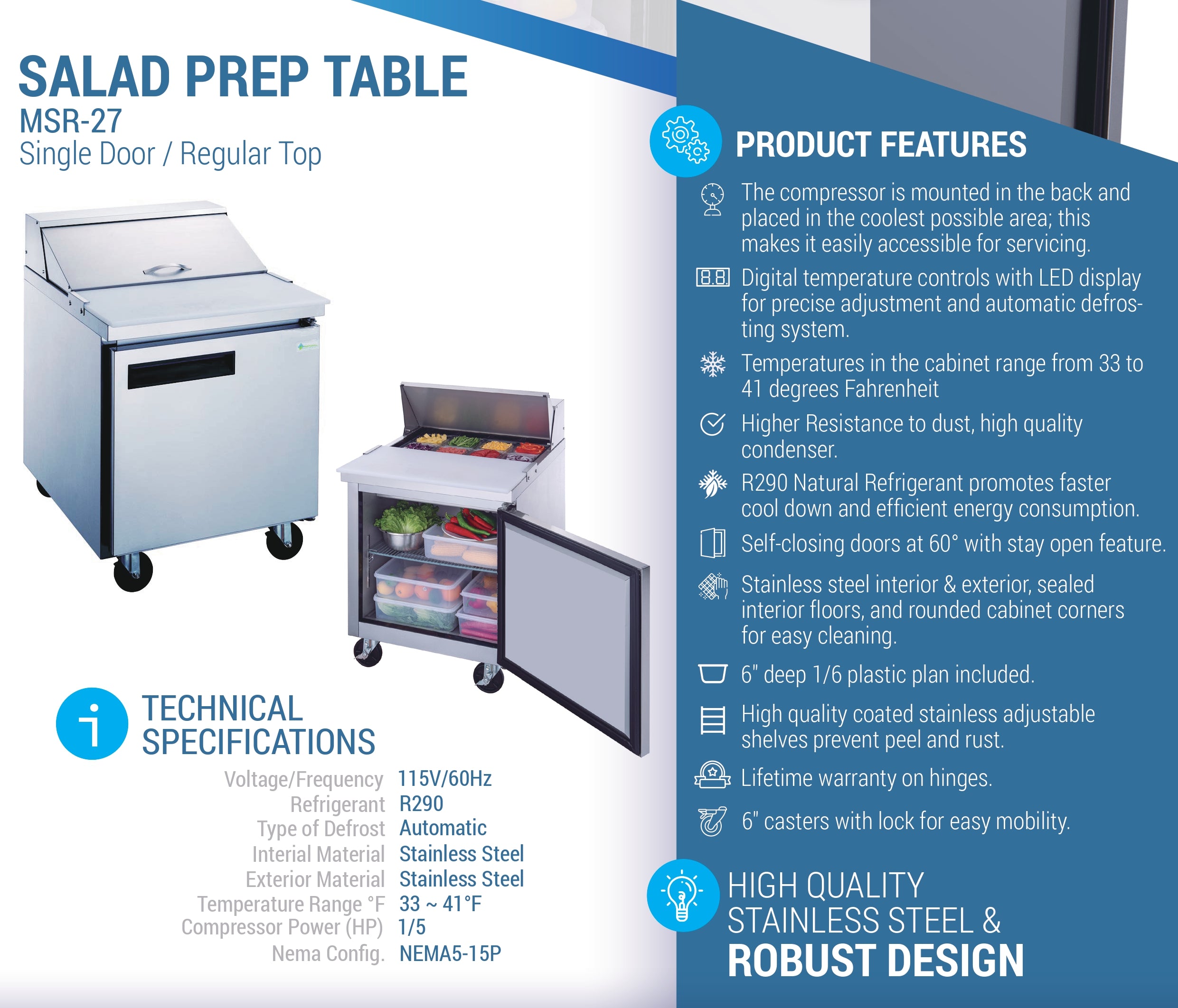 MSR-27 Refrigerated Sandwich Prep Table, 27"*30"*44", 3-Year labor 5-Year Parts 10-Year compressor