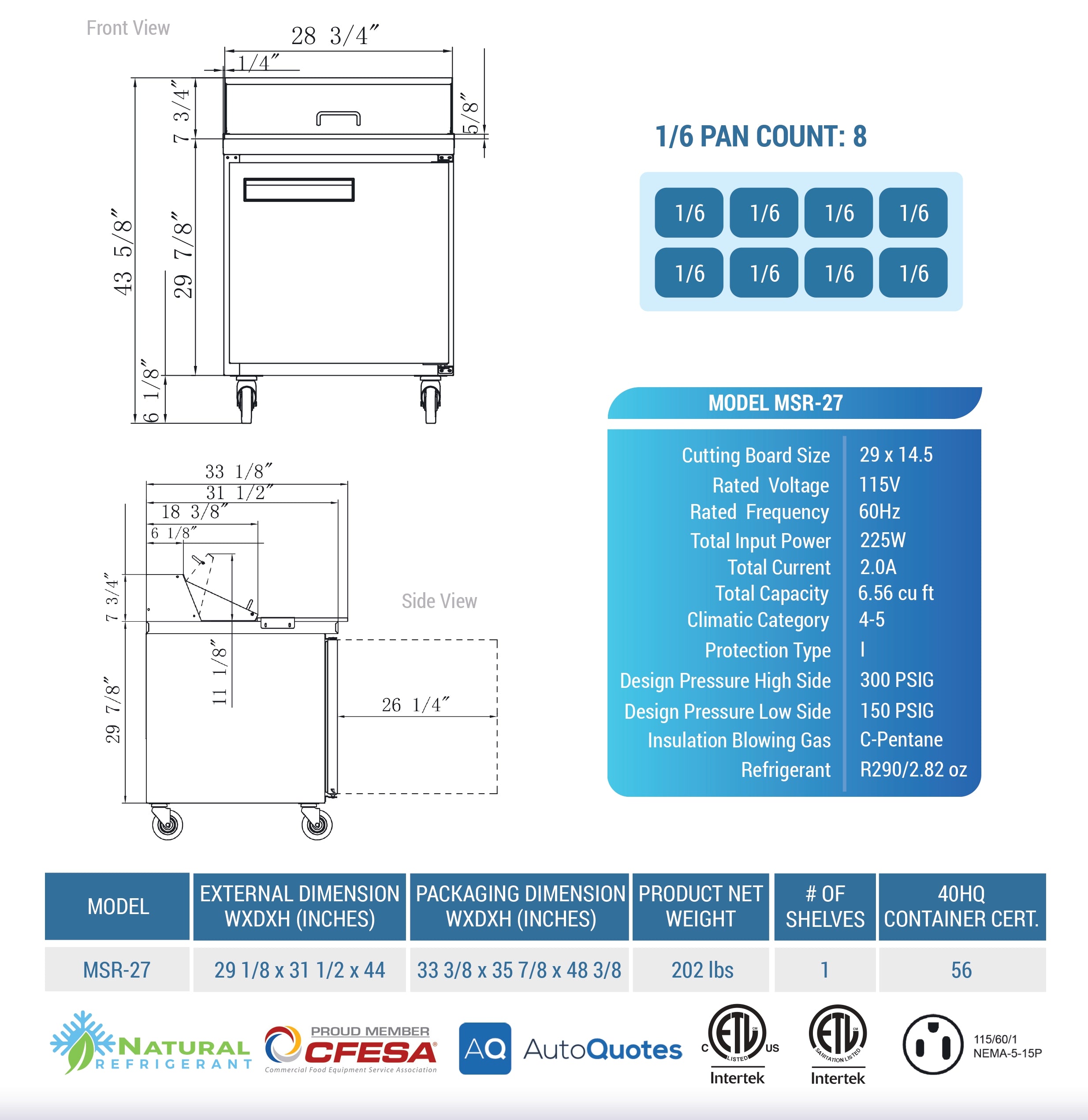 27" 8 Pan Salad, Sandwich Food Prep Table Refrigerator, MSR-27