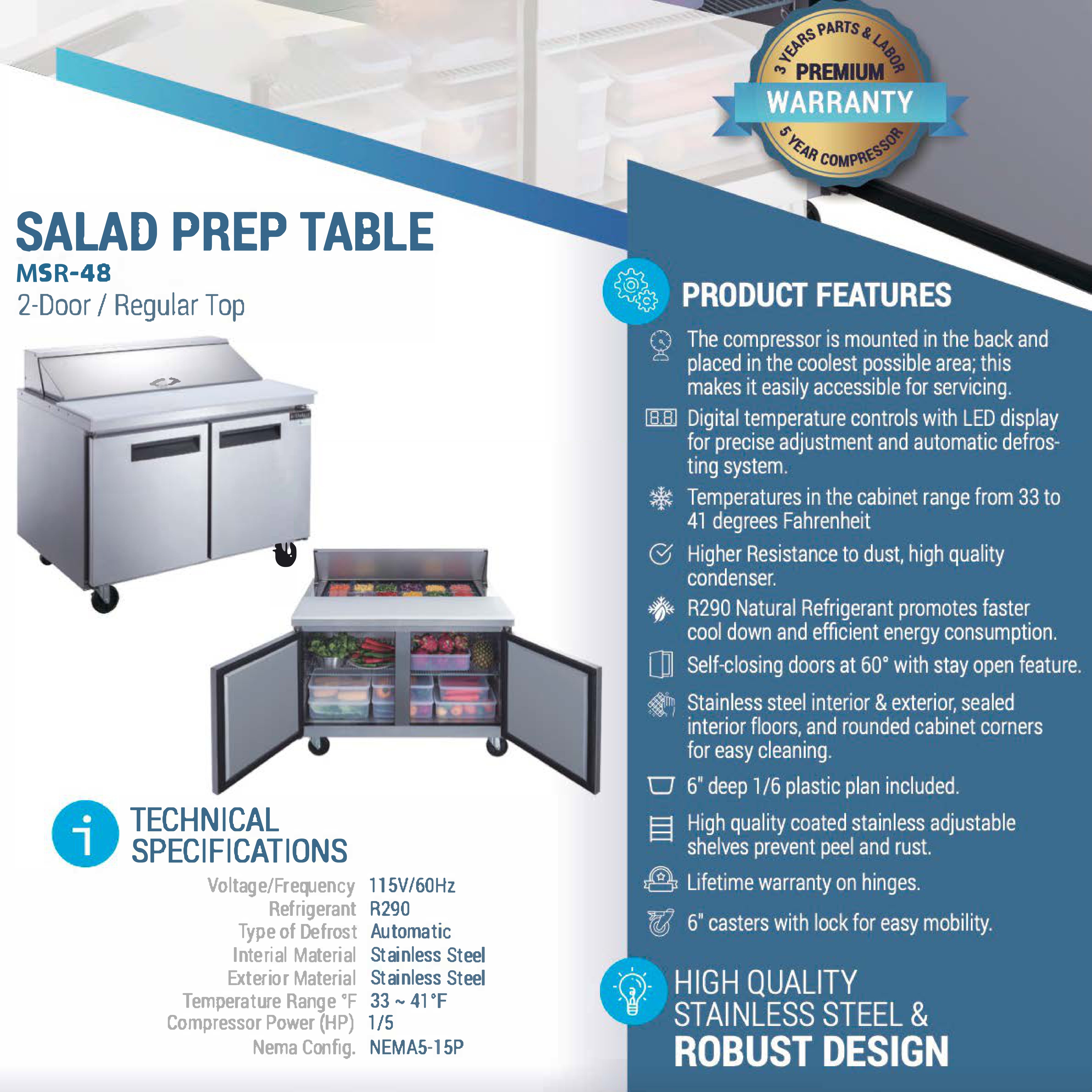 MSR-48 Refrigerated Sandwich Prep Table, 48"*32"*46", 3-Year labor 5-Year Parts 10-Year compressor