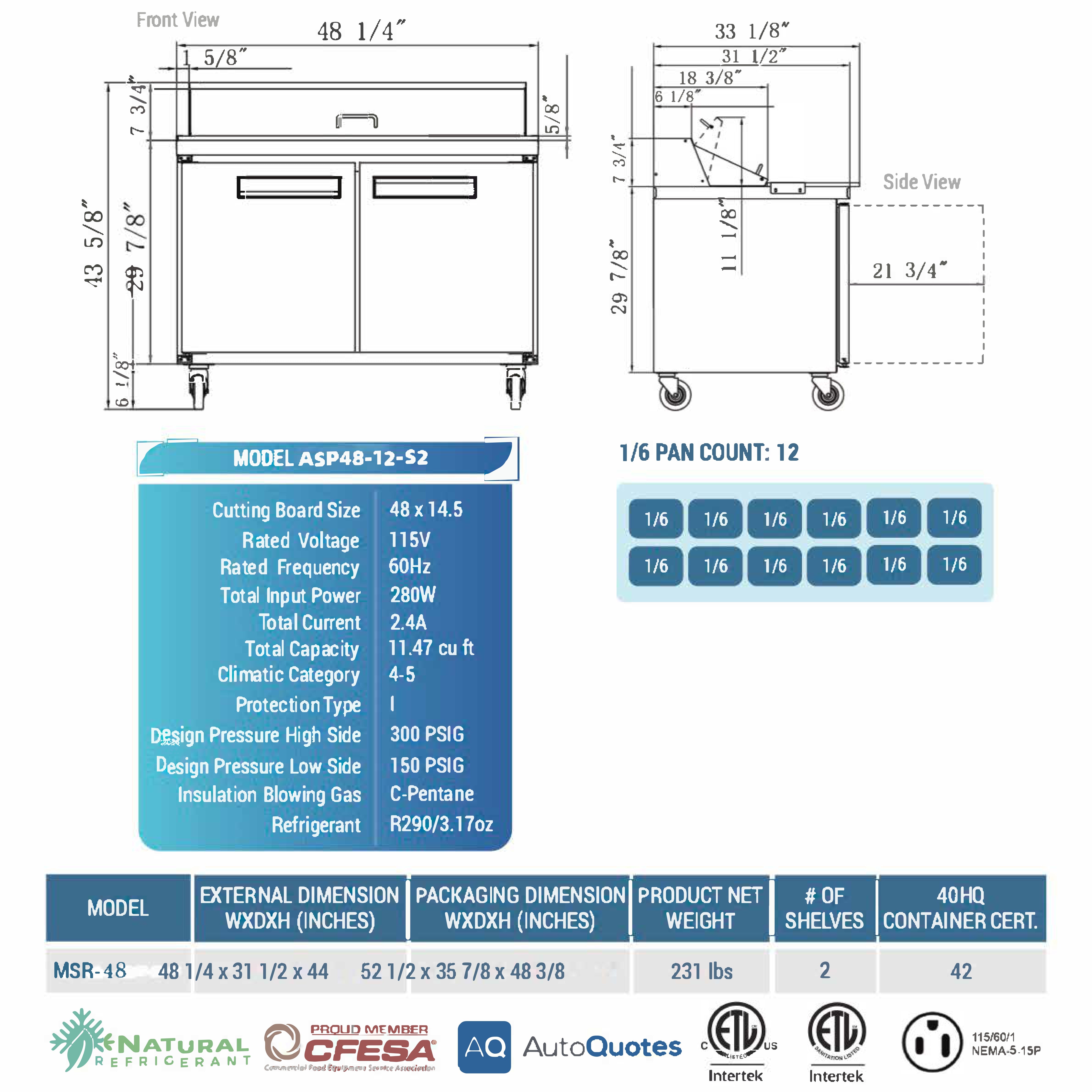 48" 12 Pan Salad, Sandwich Food Prep Table Refrigerator, MSR-48