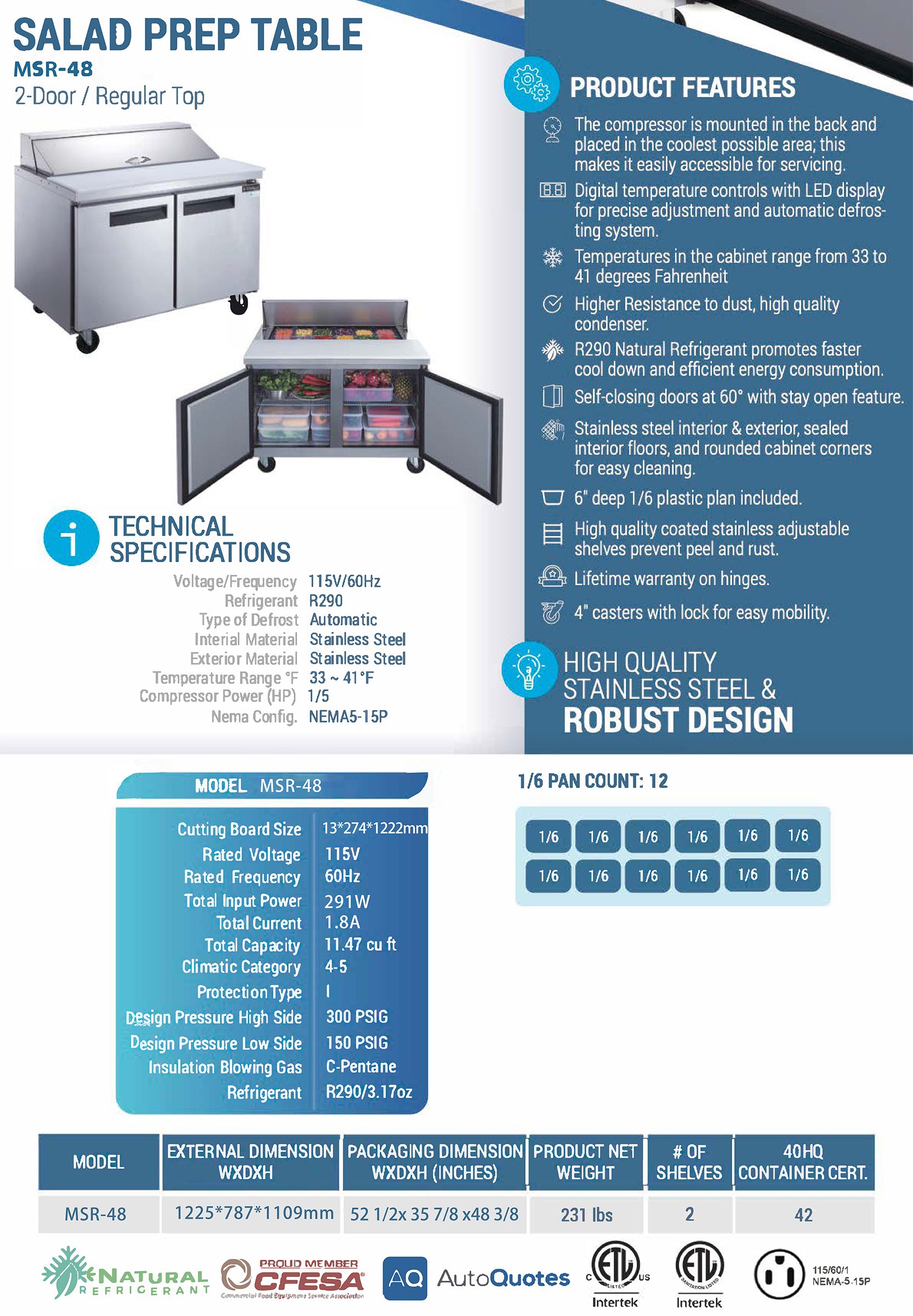 MSR-48 Refrigerated Sandwich Prep Table, 48"*31"*44", 3-Year labor 5-Year Parts 10-Year compressor