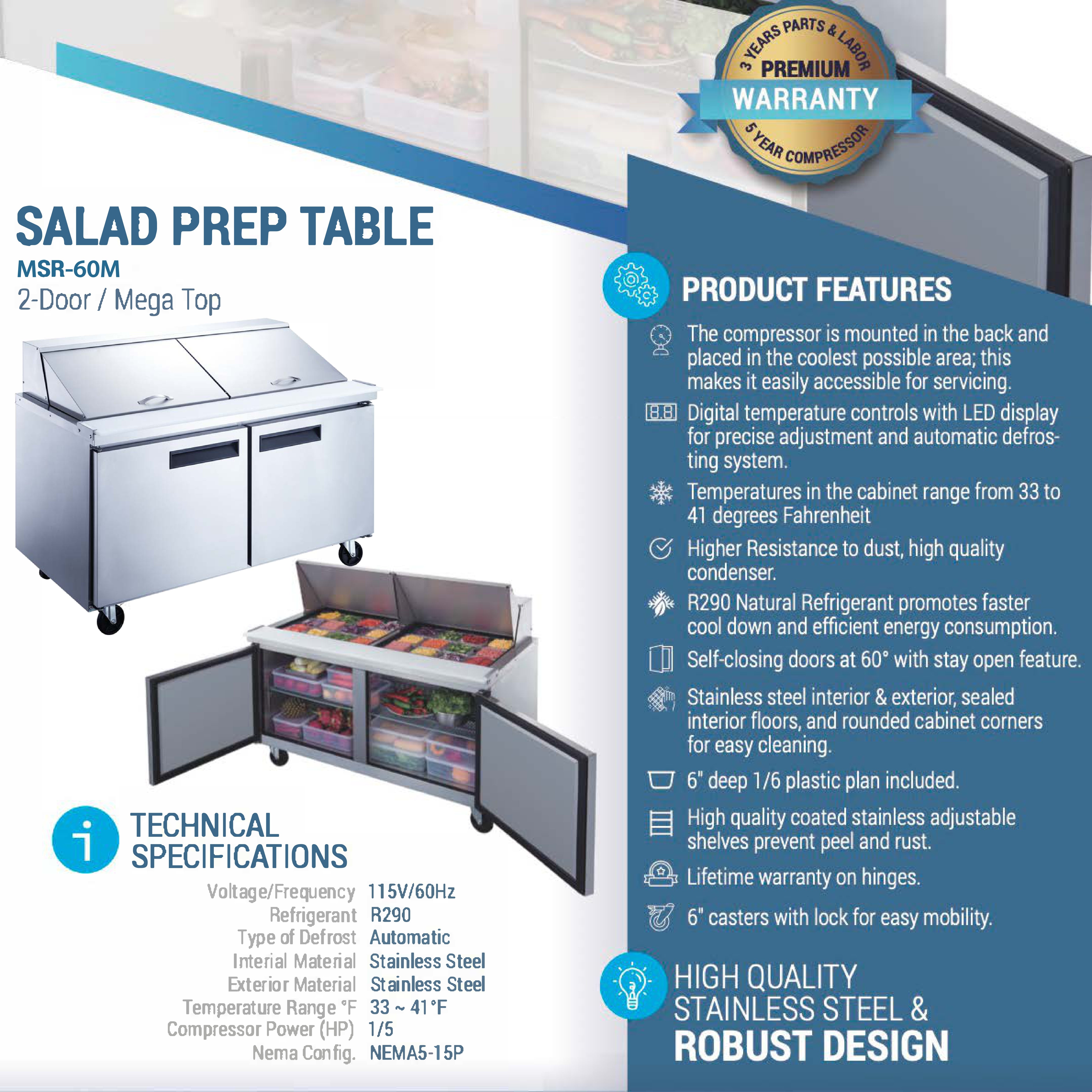 MSR-60M Mega Top Refrigerated Sandwich Prep Table, 60"*32*46", 3-Year labor 5-Year Parts 10-Year compressor