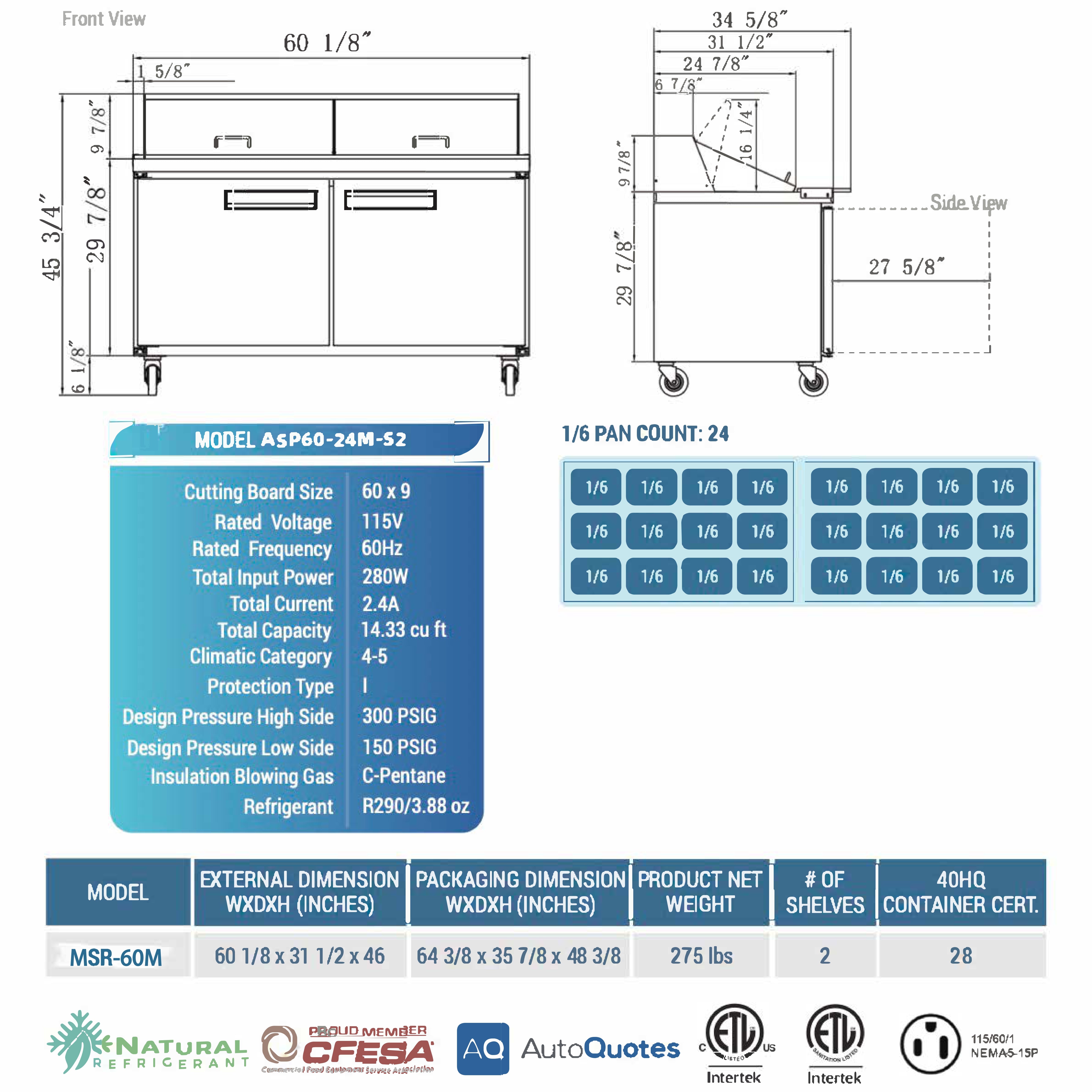 60" 24 Pan Salad, Sandwich Food Prep Table Refrigerator, MSR-60M, Mega Top 14.33