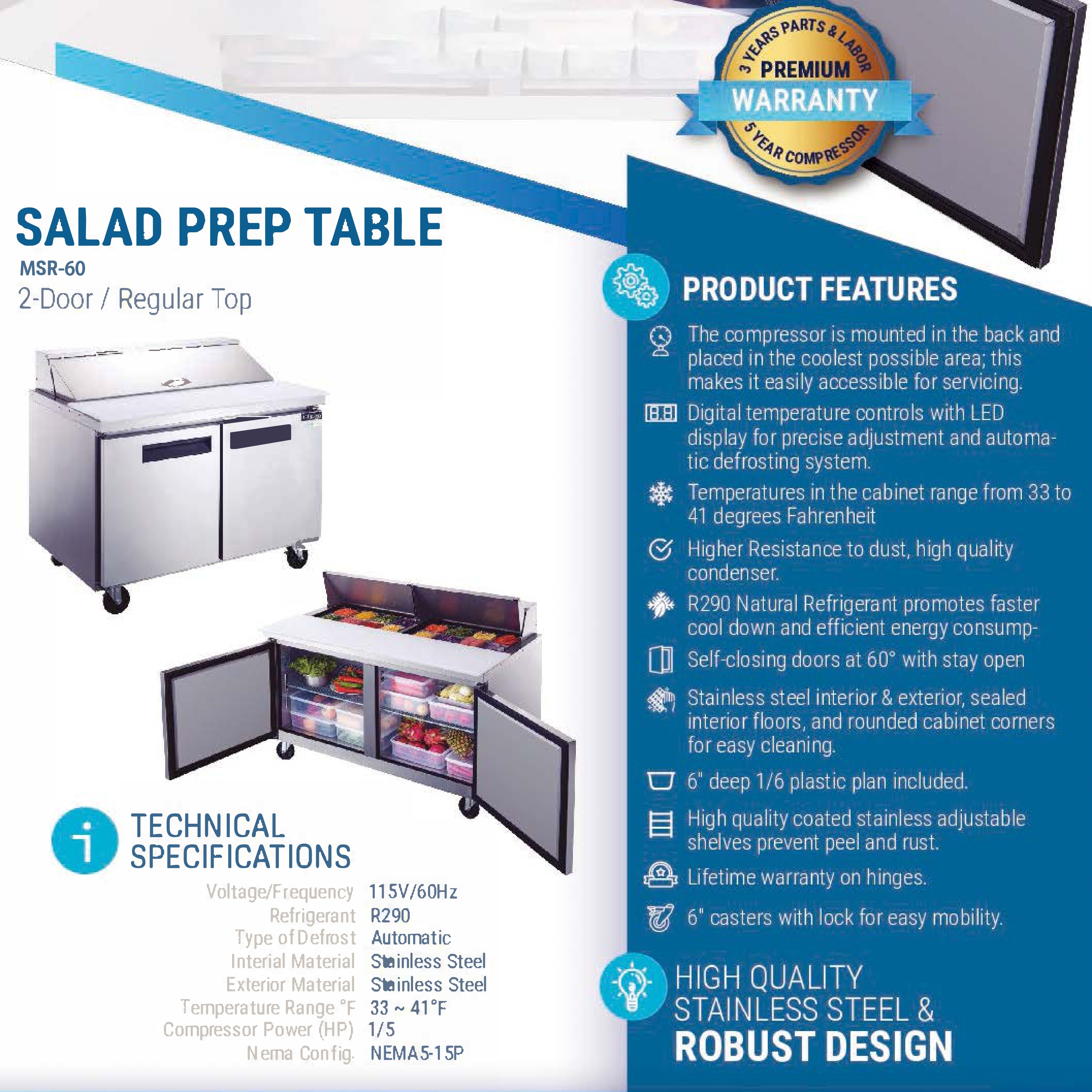 MSR-60 Refrigerated Sandwich Prep Table, 60"*32"*46", 3-Year labor 5-Year Parts 10-Year compressor