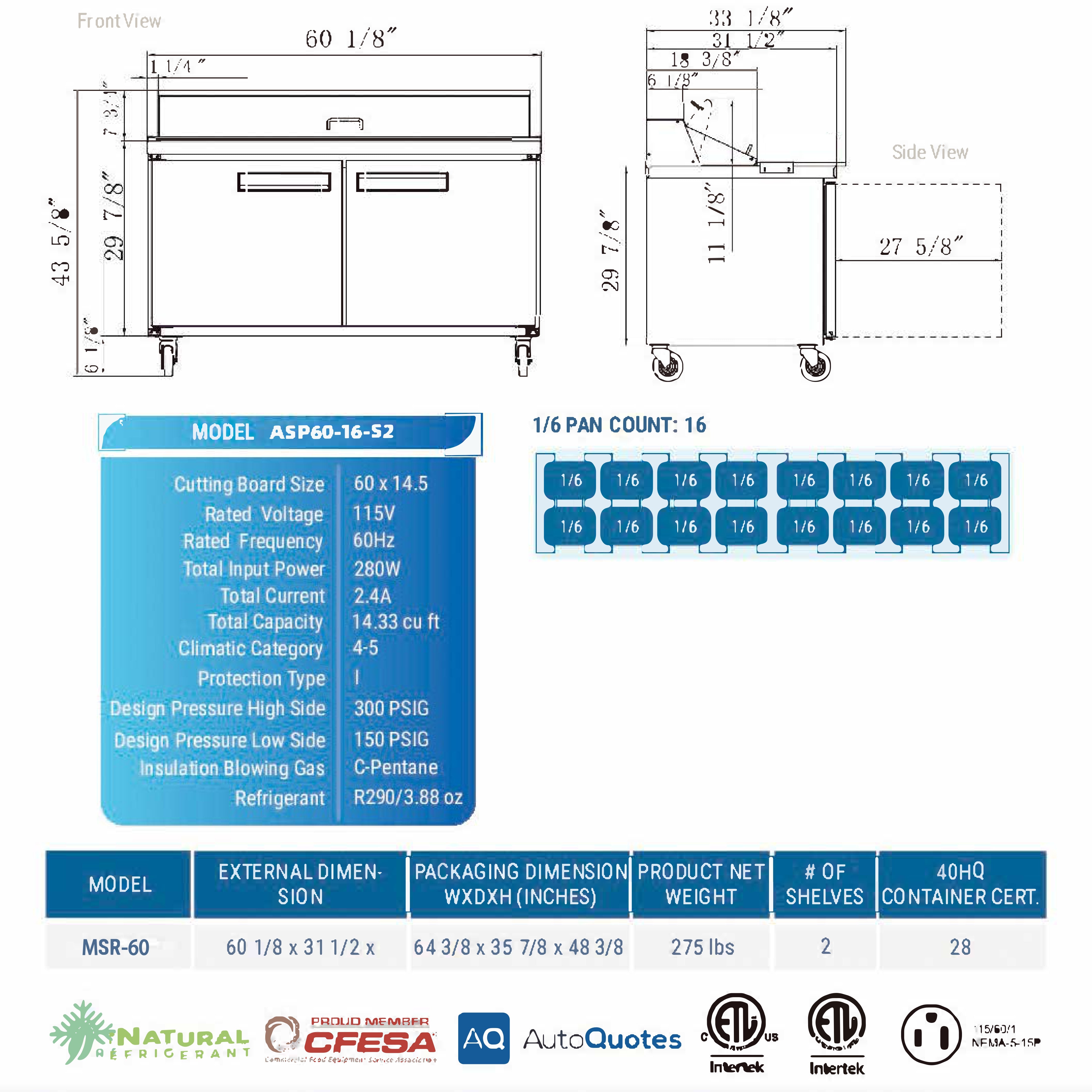 60" 16 Pan Salad, Sandwich Food Prep Table Refrigerator, MSR-60