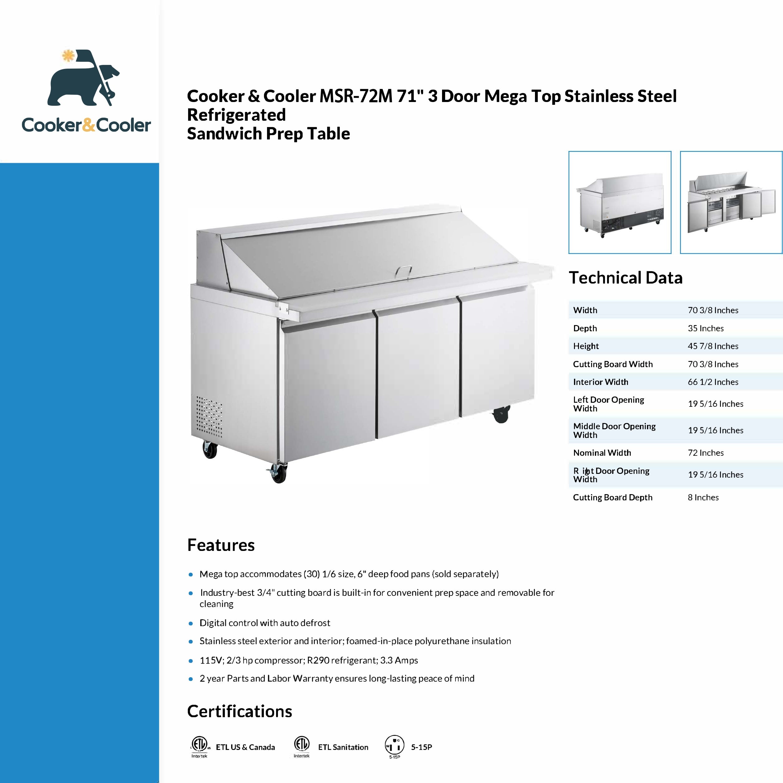 MSR-72M Mega Top Refrigerated Sandwich Prep Table, 70"*35"*46", 3-Year labor 5-Year Parts 10-Year compressor