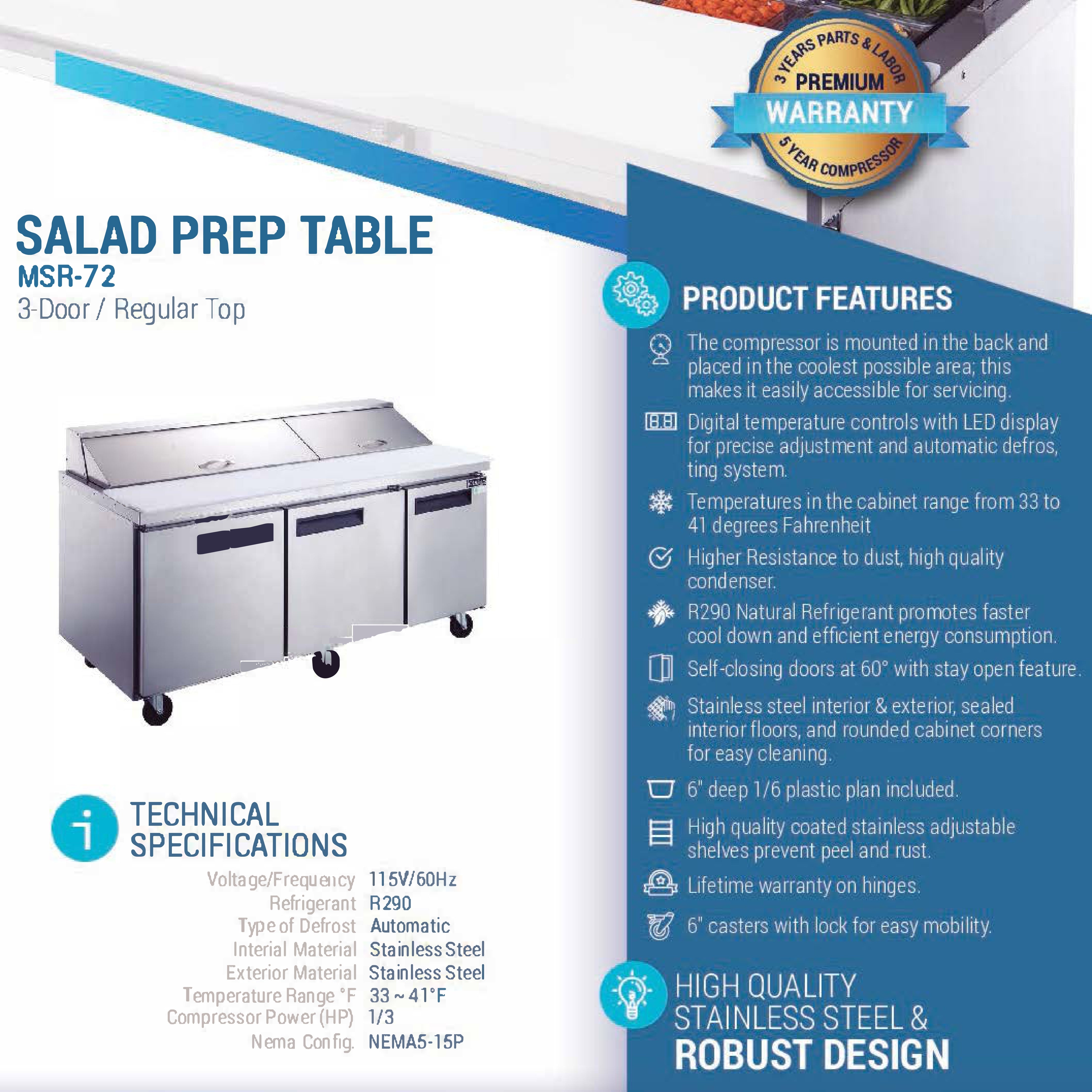 MSR-72 Refrigerated Sandwich Prep Table, 72"*32"*46", 3-Year labor 5-Year Parts 10-Year compressor