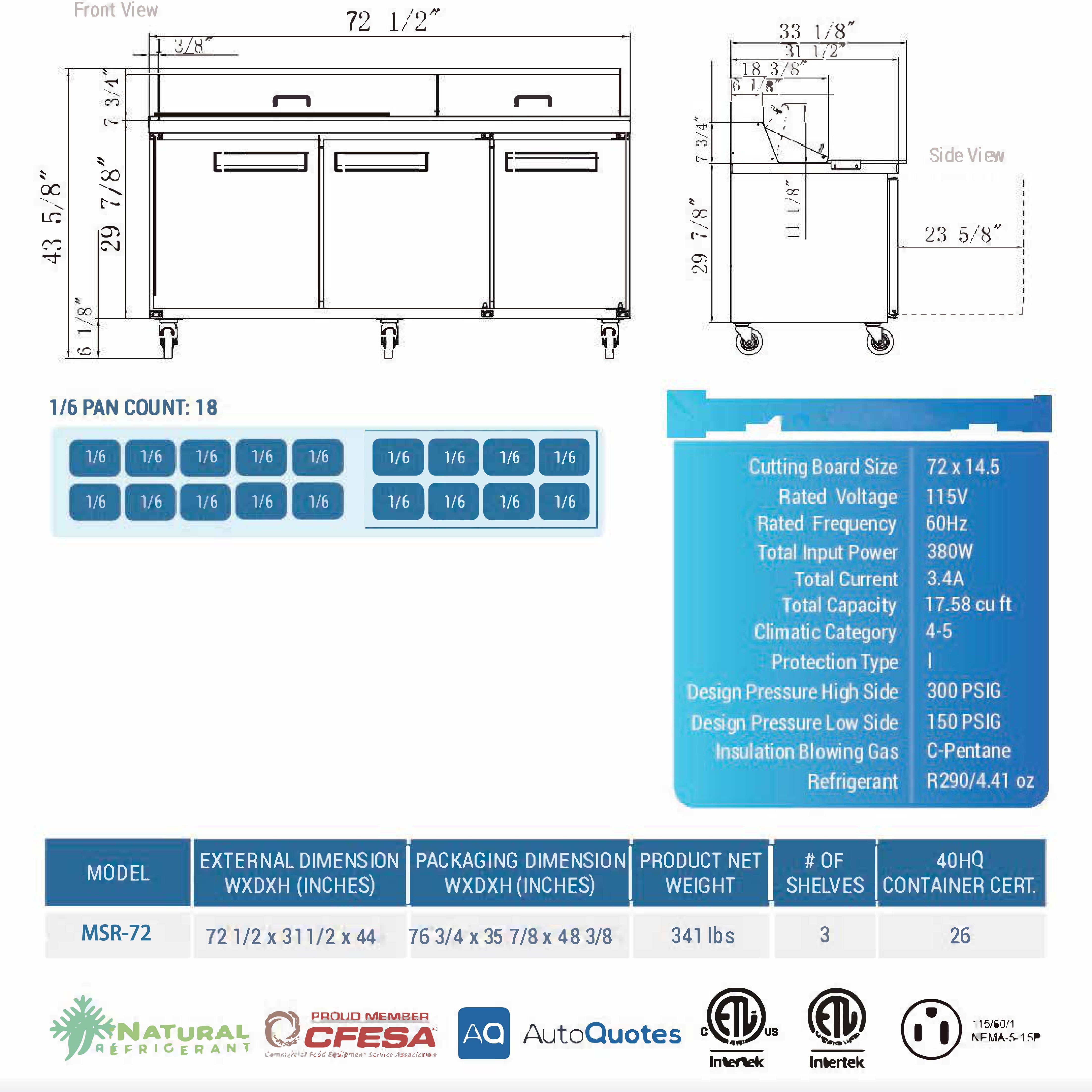 MSR-72 Refrigerated Sandwich Prep Table, 72"*32"*46", 3-Year labor 5-Year Parts 10-Year compressor