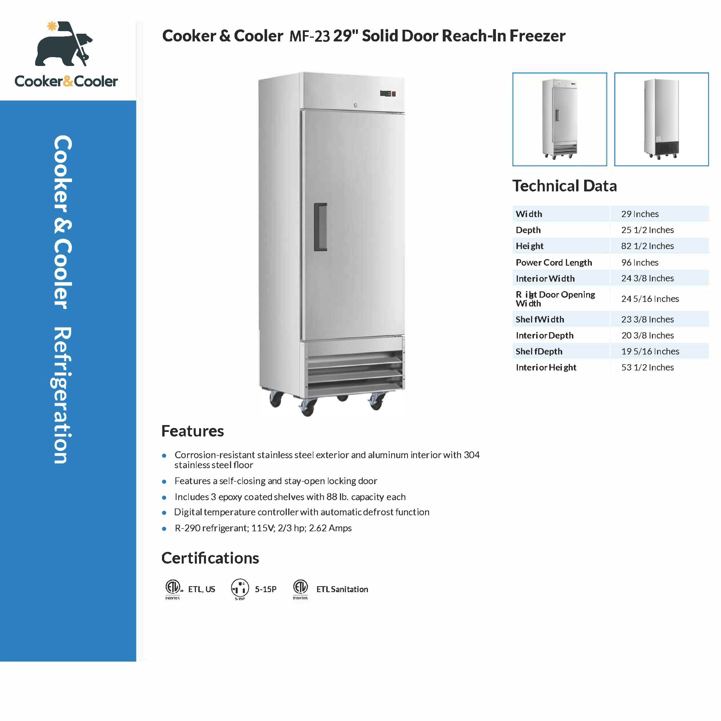 MF-23 Reach-In Freezer, 27"*31"*82", 3-Year labor 5-Year Parts 10-Year compressor