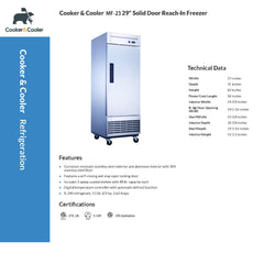 MF-23 Reach-In Freezer, 27"*31"*82", 3-Year labor 5-Year Parts 10-Year compressor