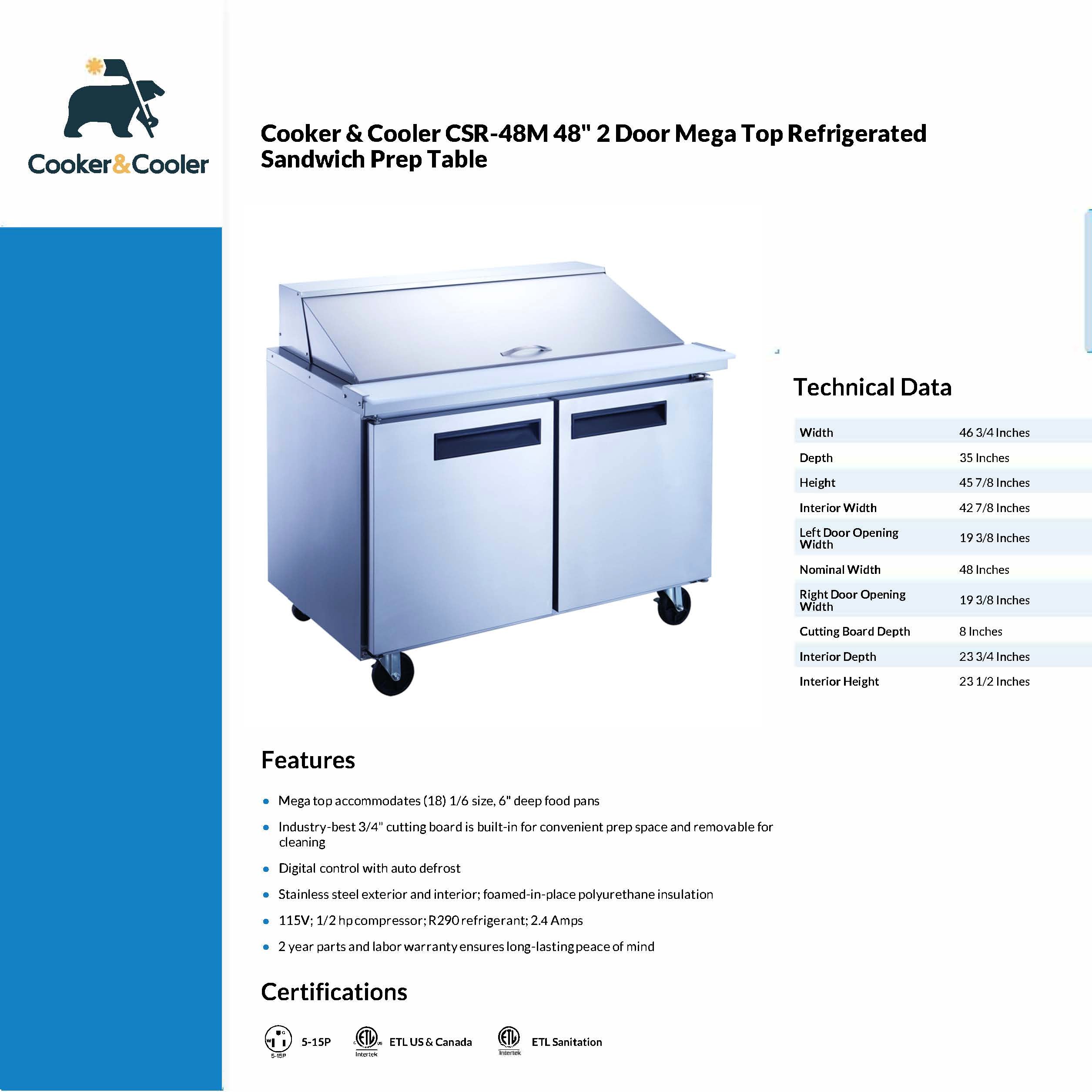 CSR-48M Mega Top Refrigerated Sandwich Prep Table, 47"*35"*46", 3-Year labor 5-Year Parts 10-Year compressor