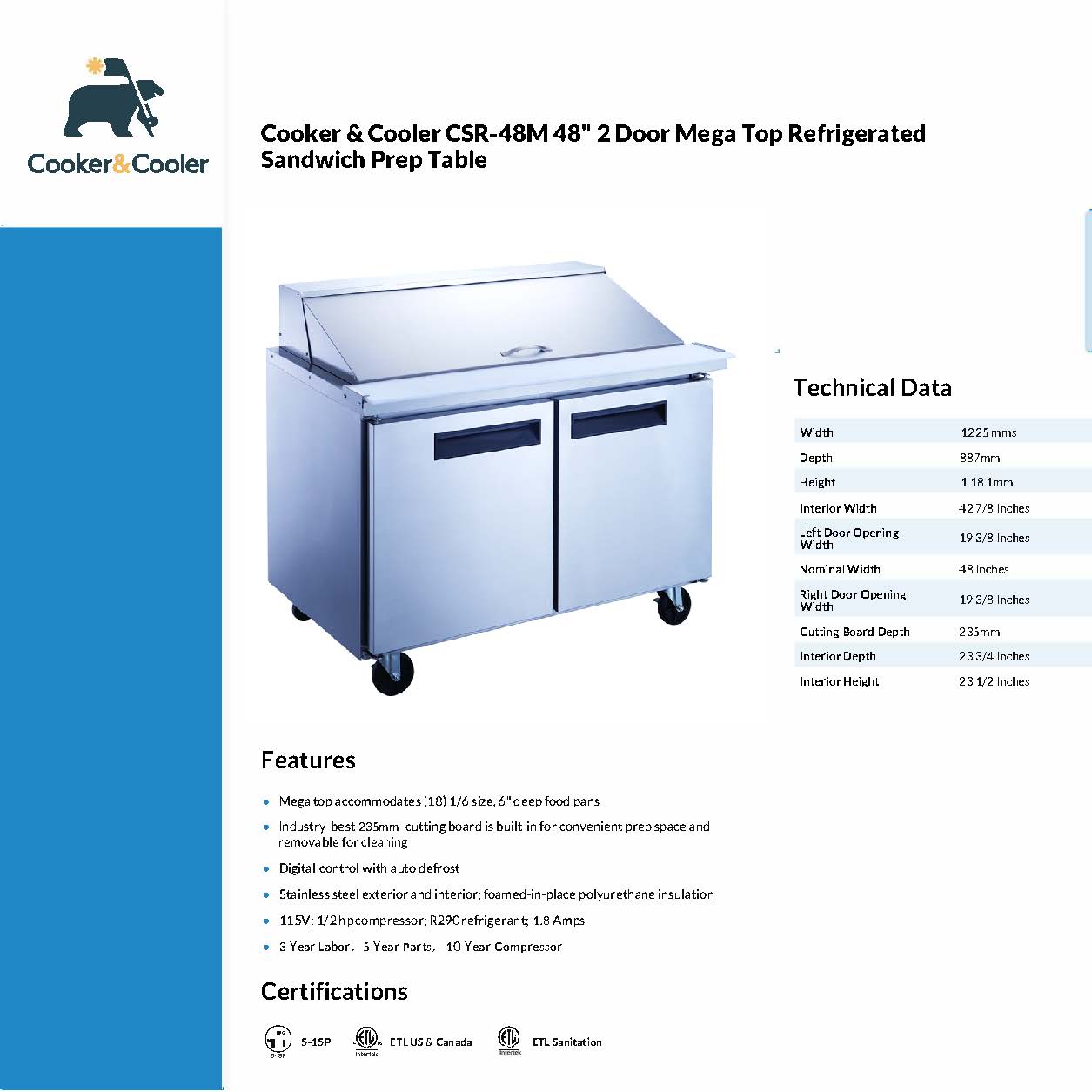 CSR-48M Mega Top Refrigerated Sandwich Prep Table, 47"*35"*46", 3-Year labor 5-Year Parts 10-Year compressor