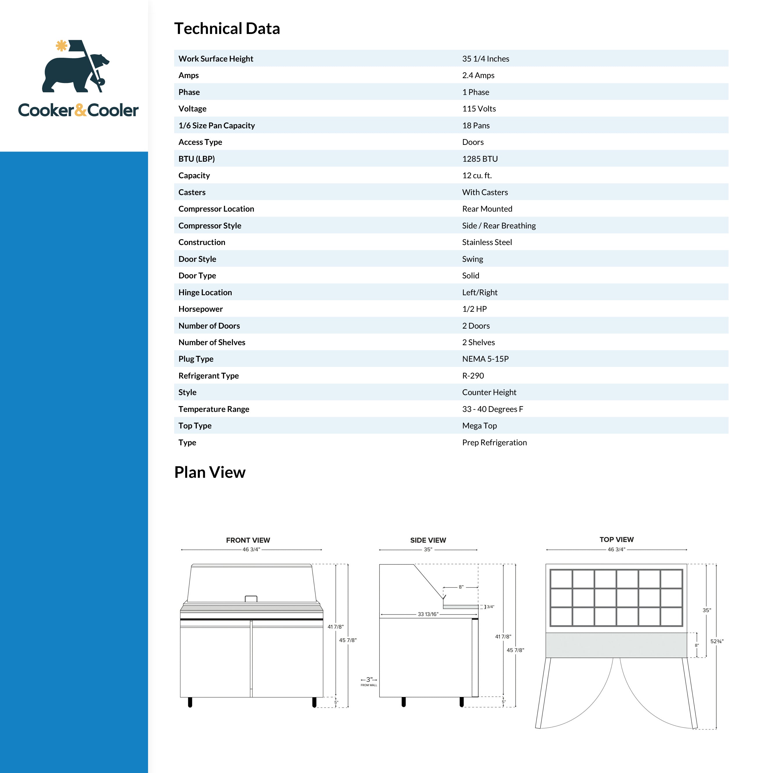 CSR-48M Mega Top Refrigerated Sandwich Prep Table, 47"*35"*46", 3-Year labor 5-Year Parts 10-Year compressor